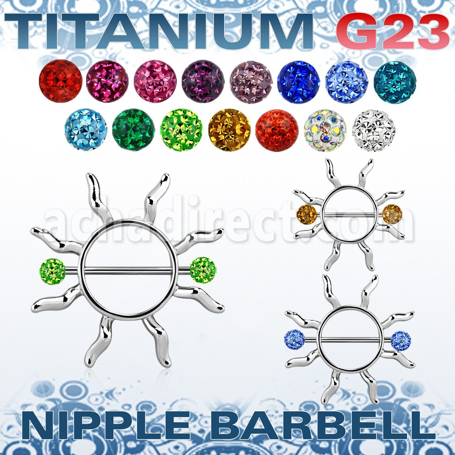 ufnp104 pezonera sol estilo janet jackson barbell titanio g23 bolas multi cristal ferido 5mm al por mayor