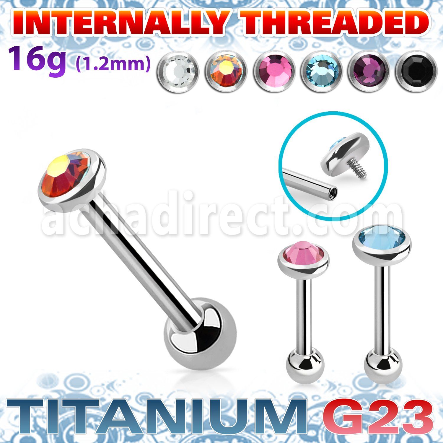 uhein11 titanium g23 internally threaded barbell 3to5 crystal