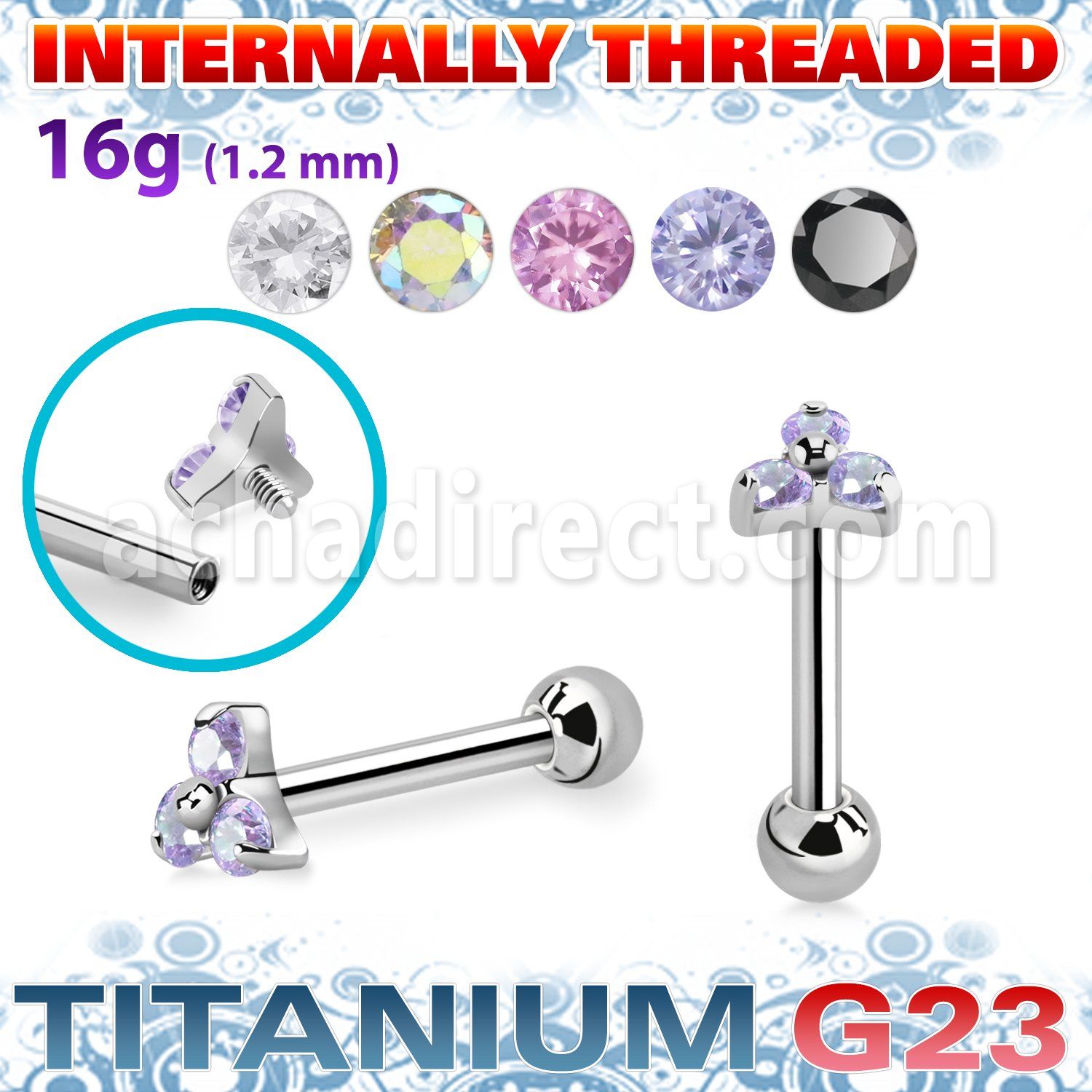 uhein13s titanium g23 barbell 16g triangle cz ball internal