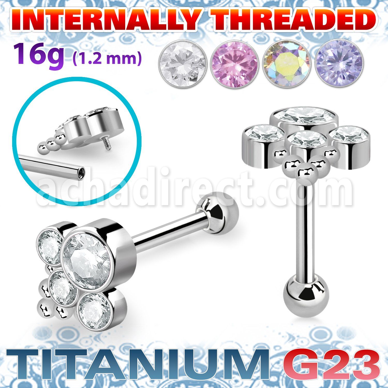 uhein17 titanium g23 barbell bohemian top cz ball internal