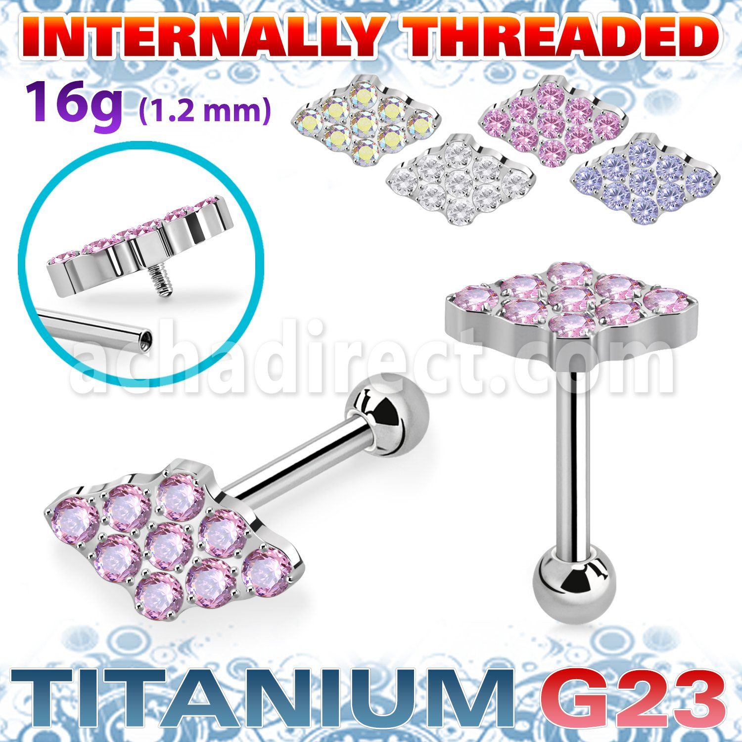 uhein25 titanium barbell cz diamond shape ball cnc internal
