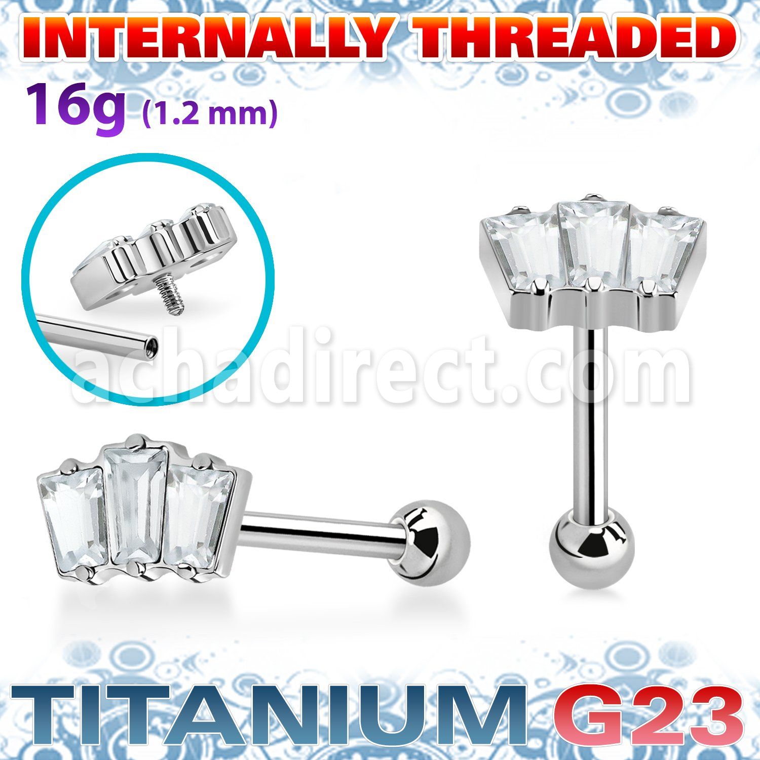 uhein26 titanium g23 barbell three baguette cz ball internal