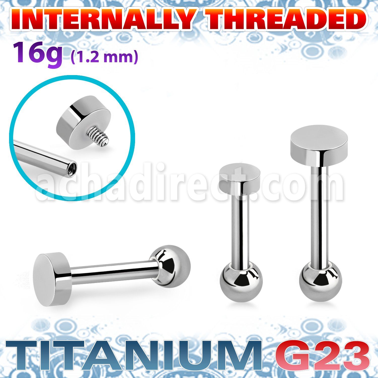 uhein2 titanium g23 internally threaded barbell 3mm 4mm flat