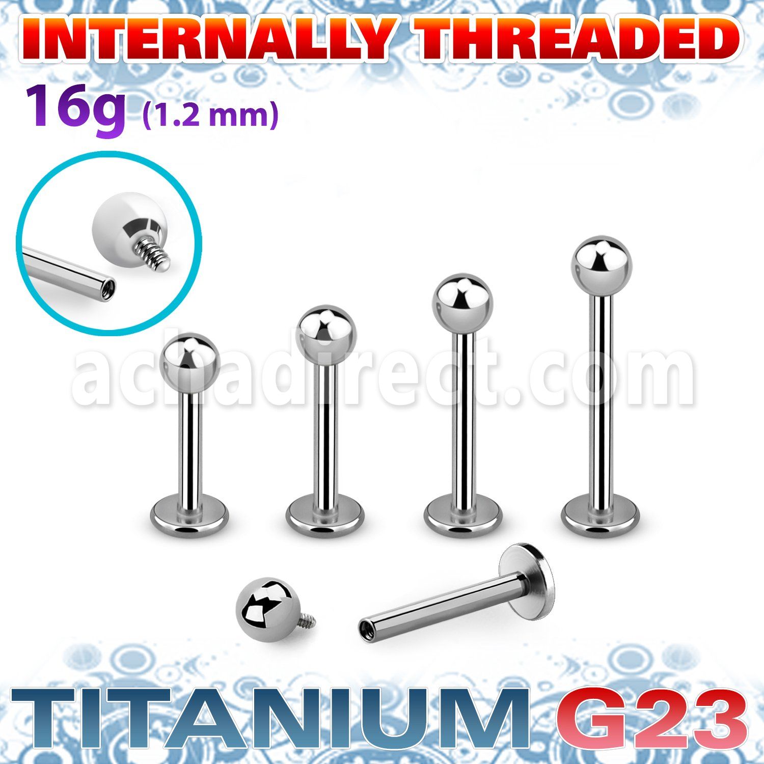 ulbb3in titanium g23 internally threaded labret 3mm ball