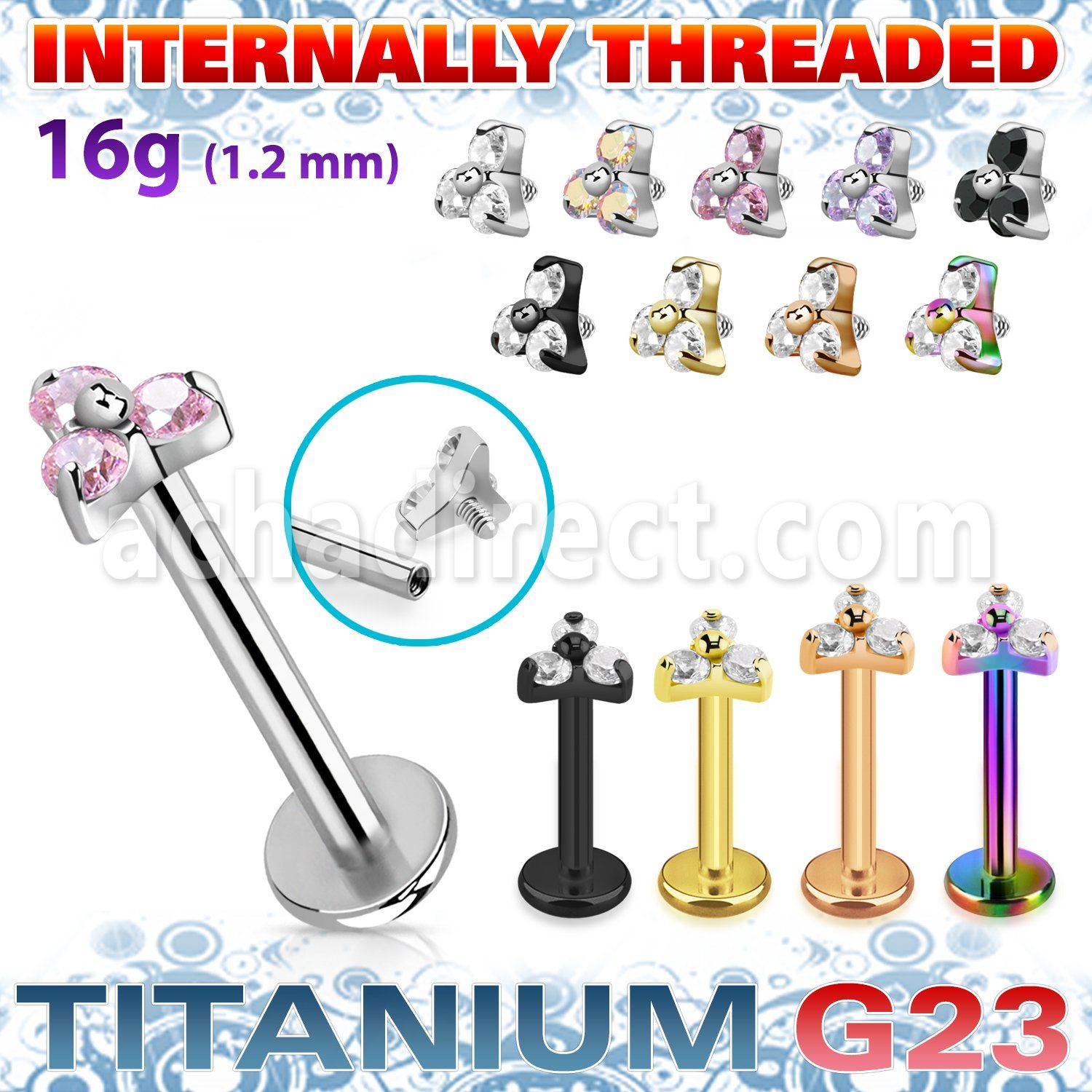 ulbin13s titanium g23 labret 16g triangle color cz internal