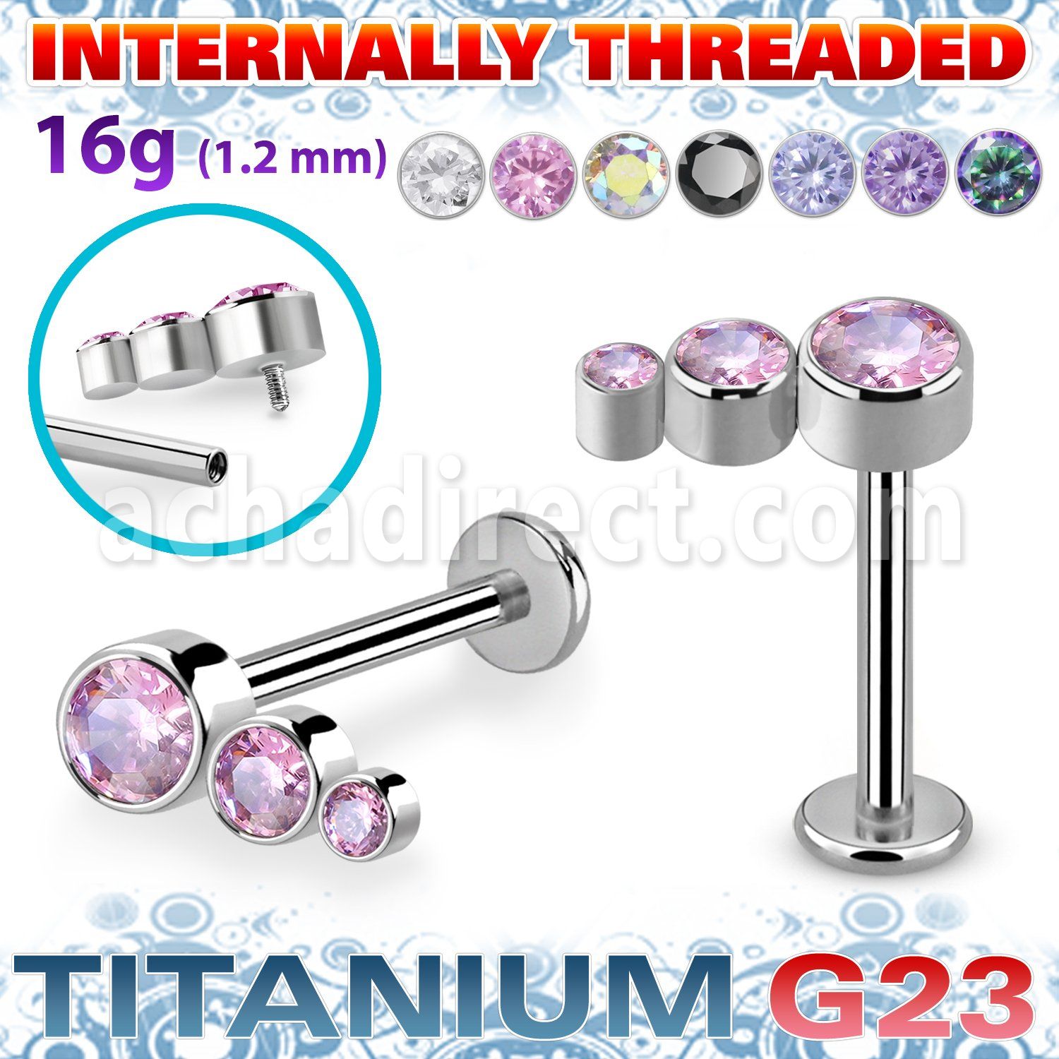 ulbin18 titanium g23 labret descending bezel cz internal