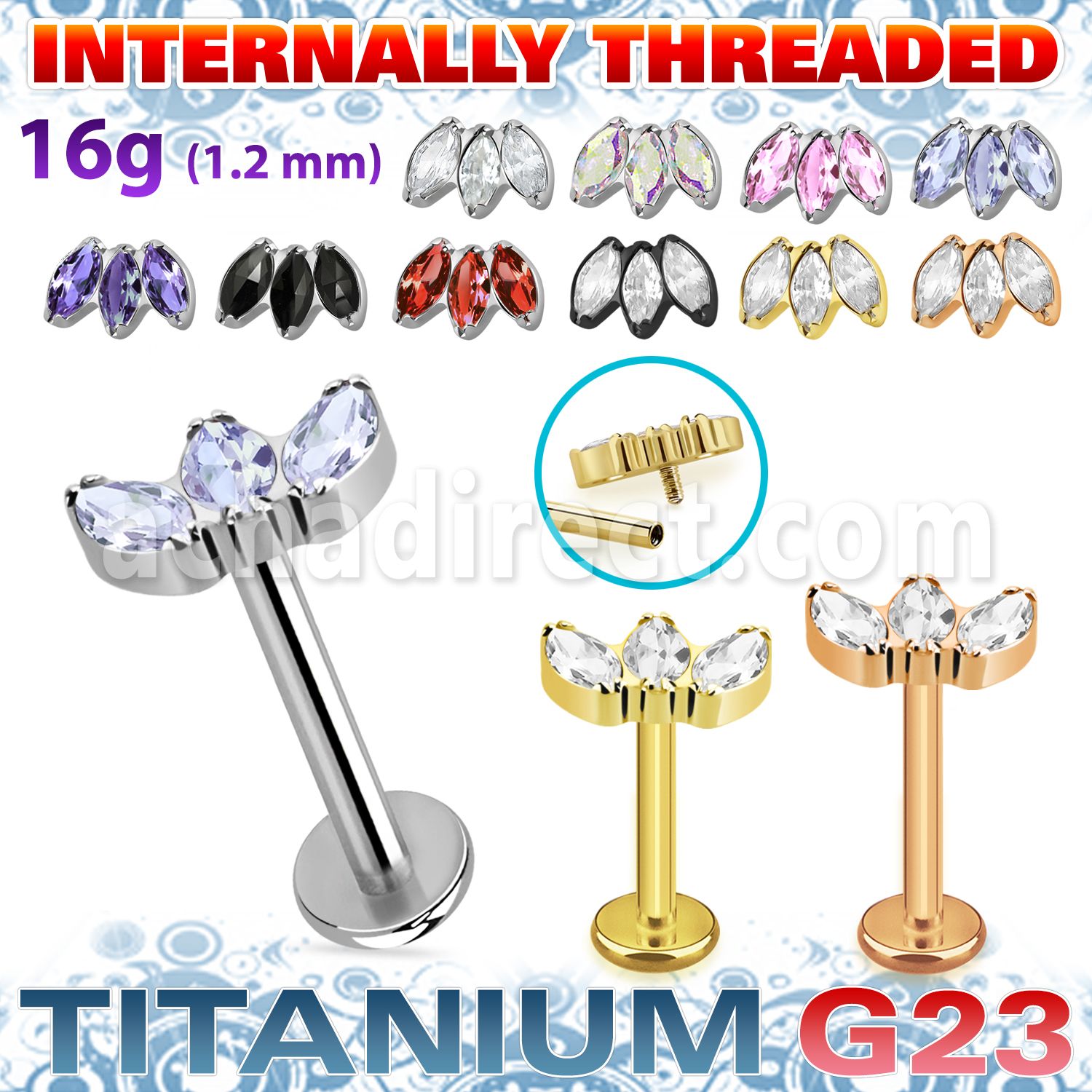 ulbin23 titanium g23 labret three prong marquise cz internal