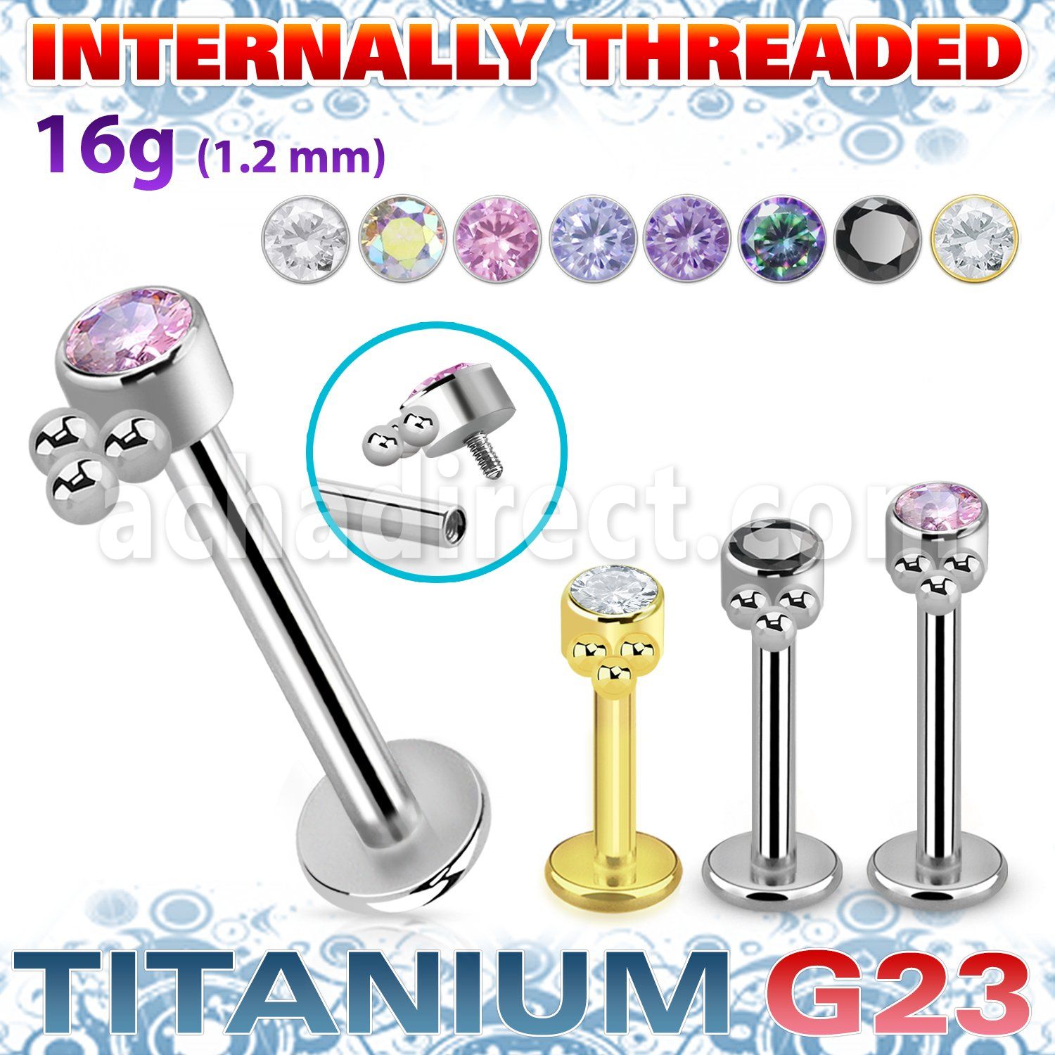 ulbin24 titanium g23 labret three balls cluster cz internal