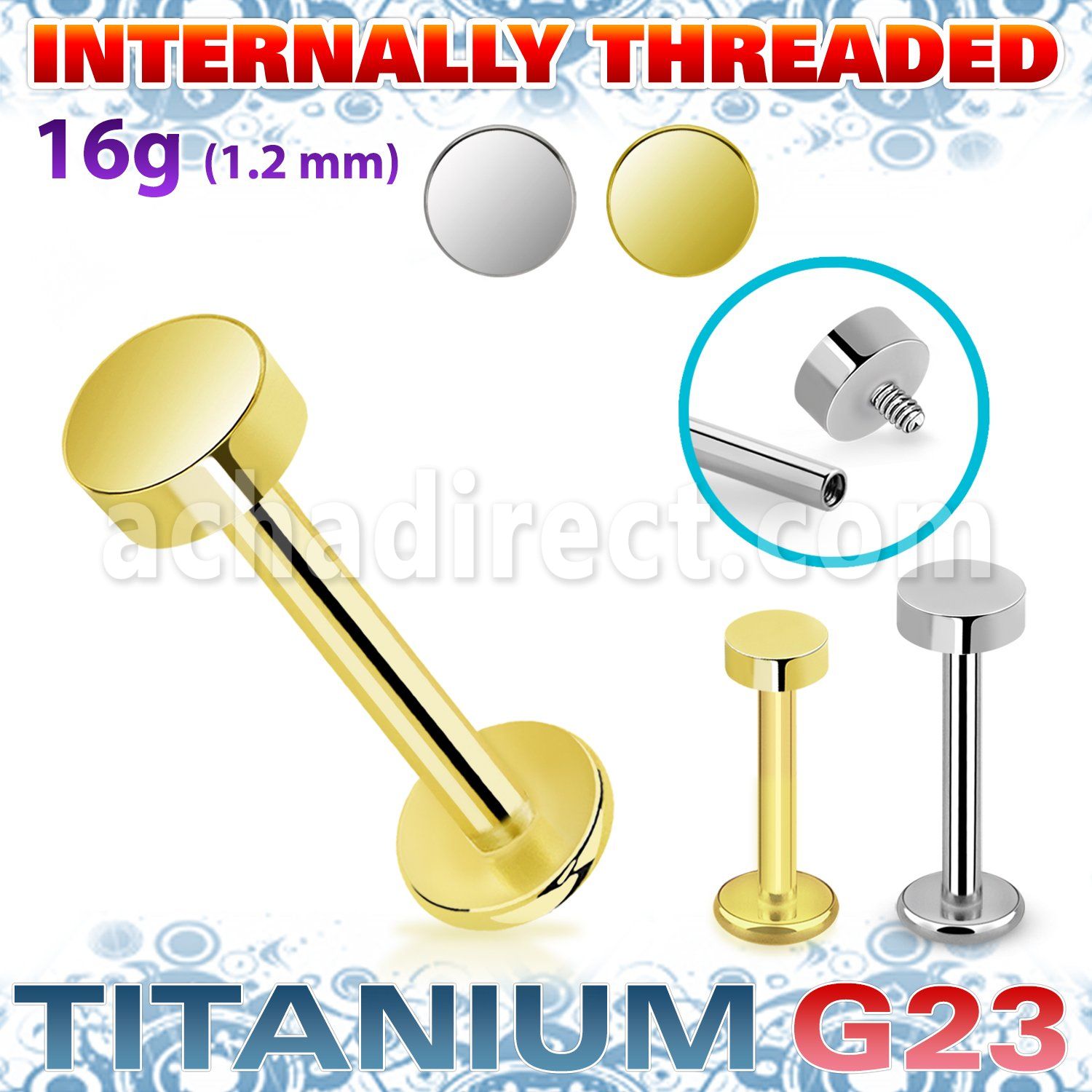 ulbin2 titanium g23 internally threaded labret 3mm 4mm flat