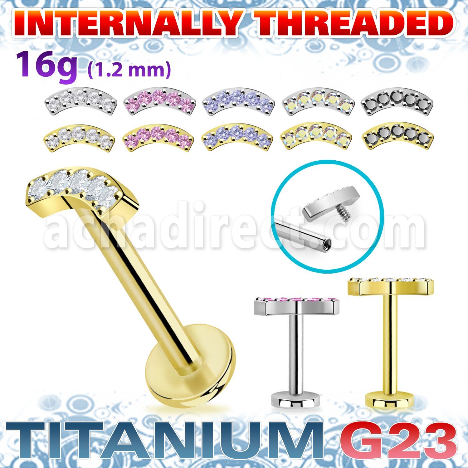 ulbin33 pvd plated titanium labret 16g cz curved internal