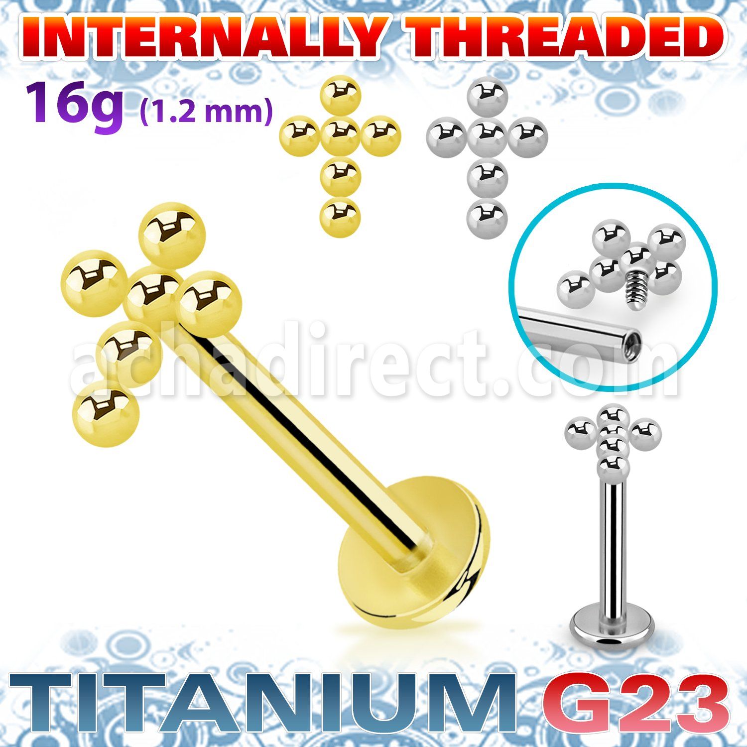 ulbin50 titanium g23 labret 16g cross bead balls internal