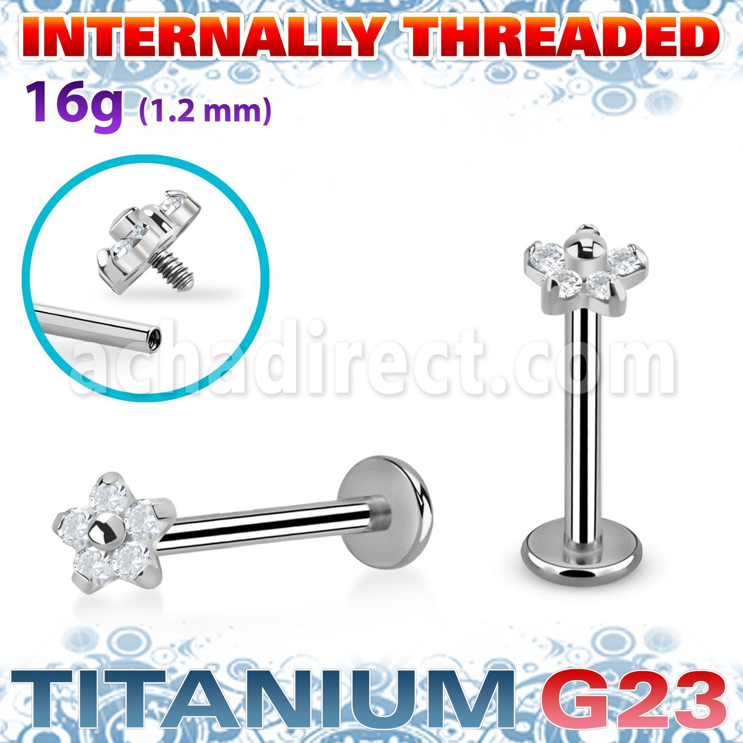 ulbin54 titanium g23 labret 16g flower top five cz internal