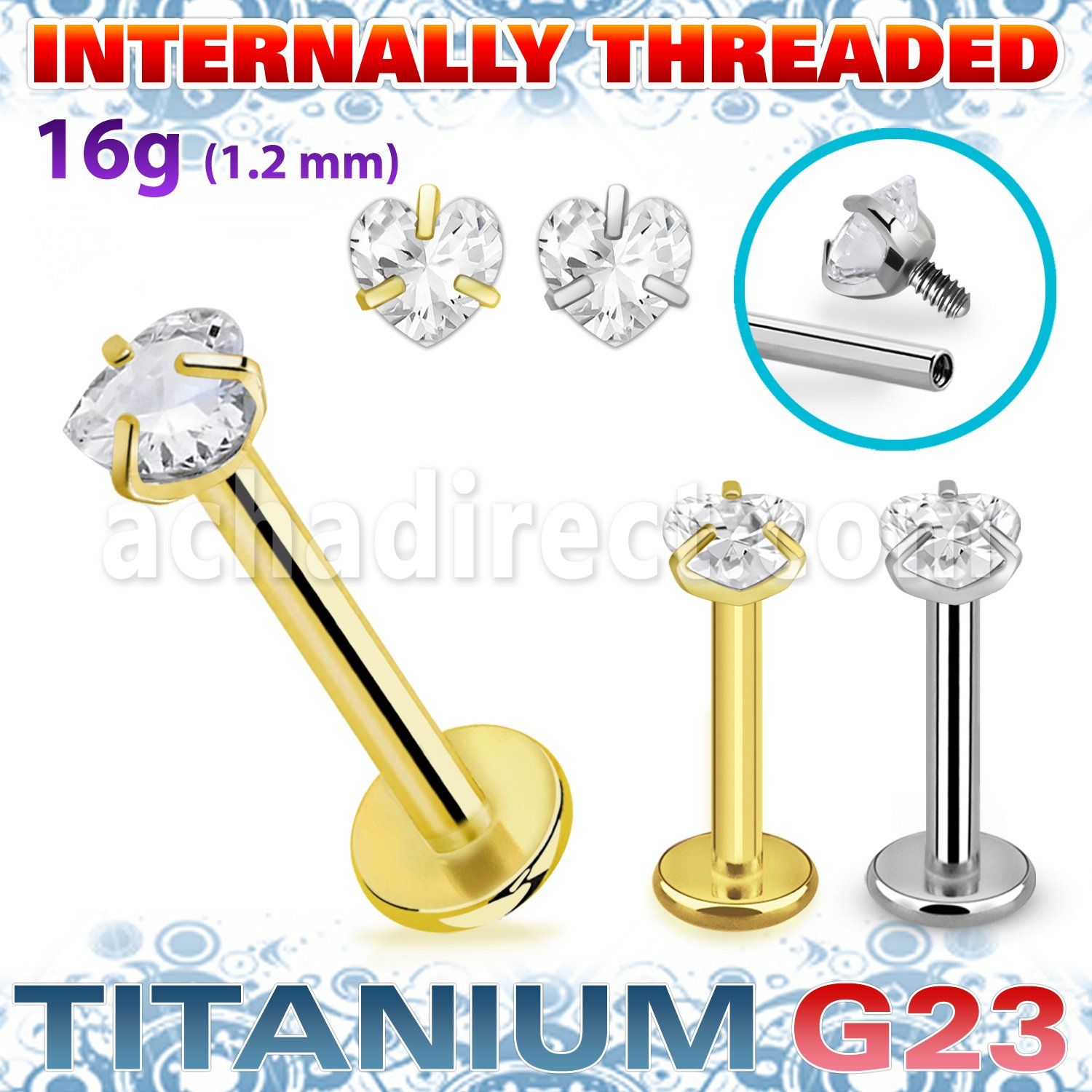 ulbin55 titanium g23 labret 16g heart cz prong set internal