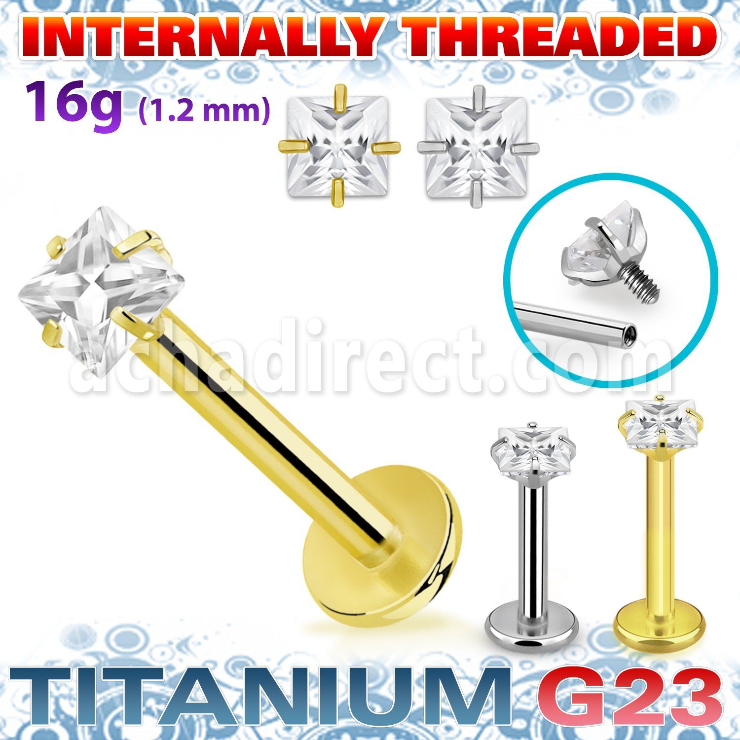ulbin56 titanium g23 labret 16g square cz prong set internal