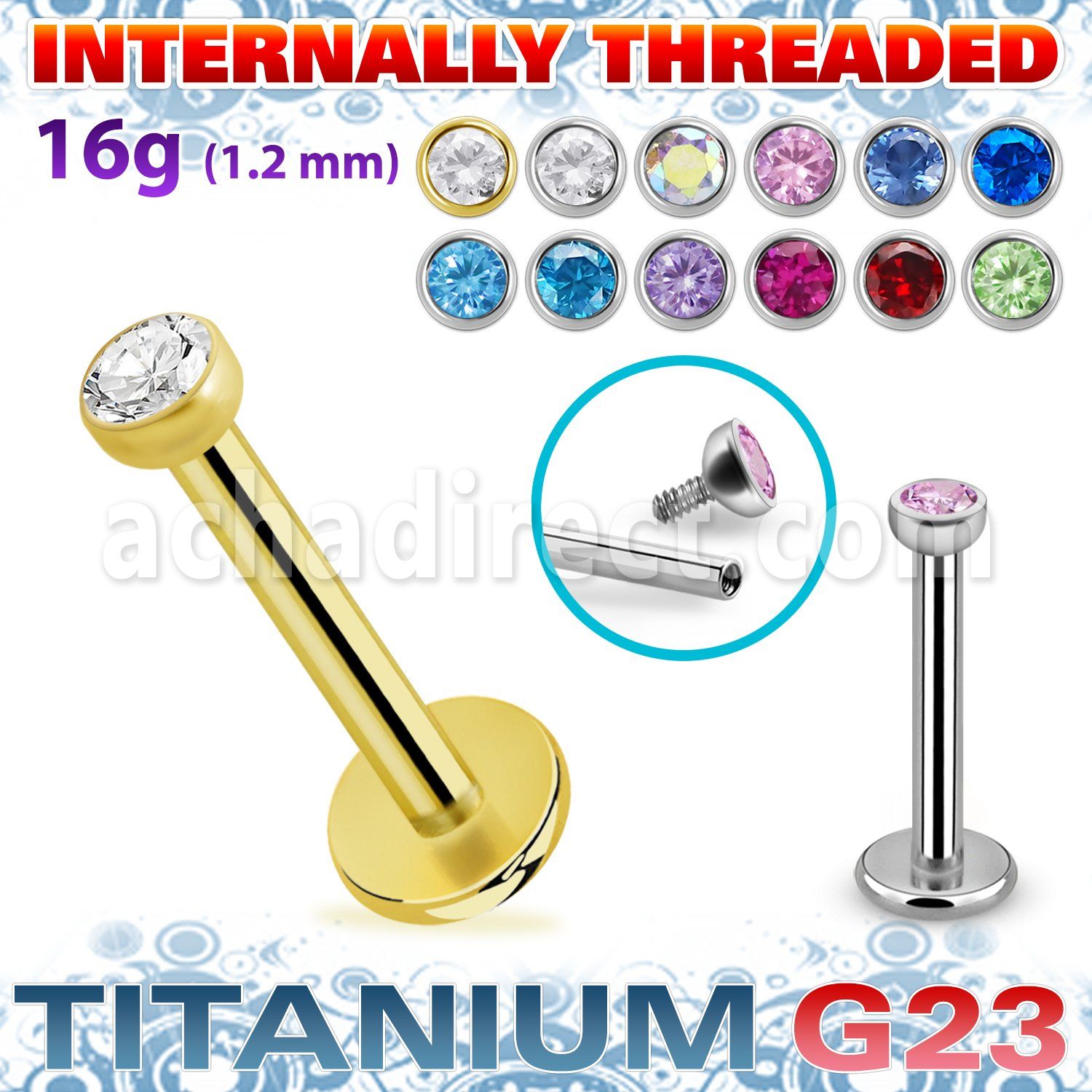 ulbizs titanium labret flat head bezel set cz internal