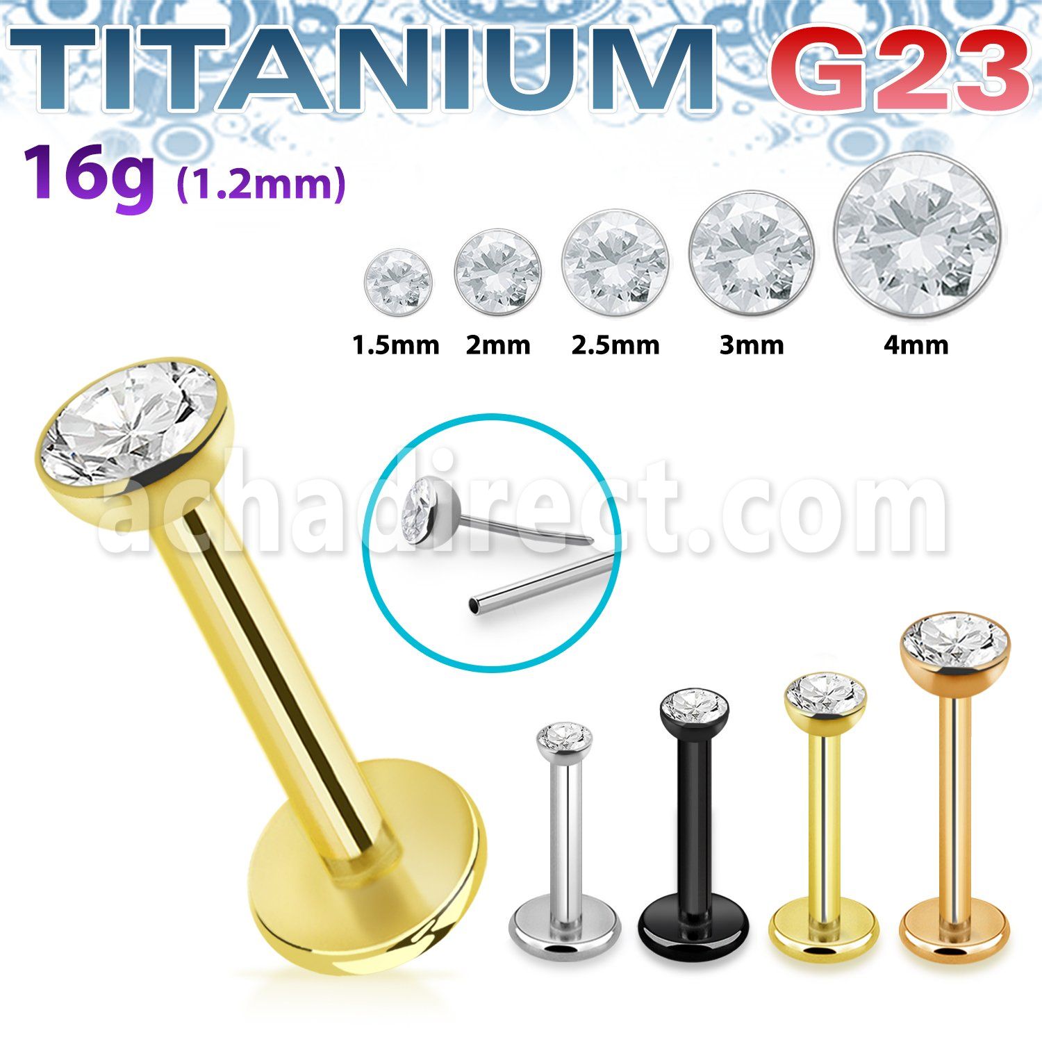 ulbpibz16 titanium g23 labret 16g threadless push pin top