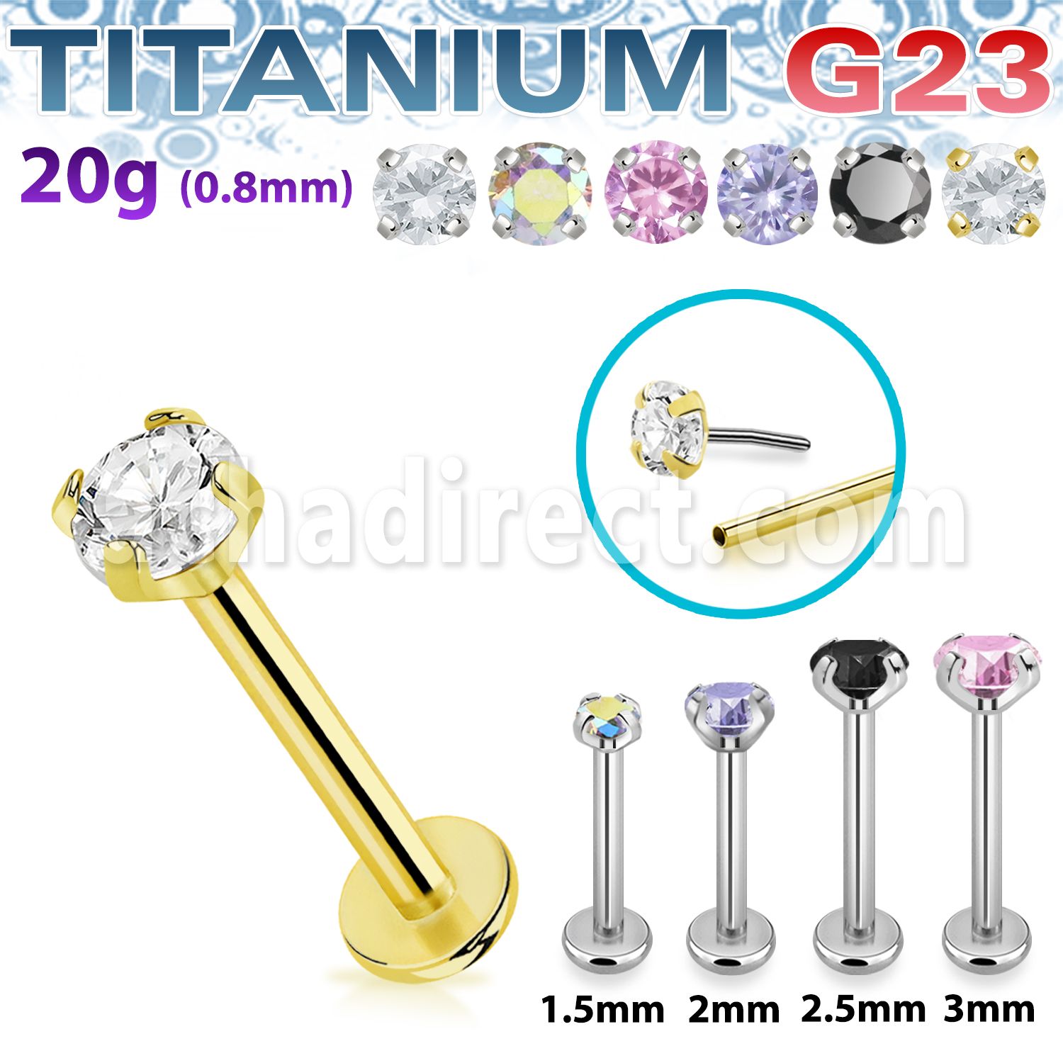 ulbpispz20 titanium g23 labret 20g threadless push pin top