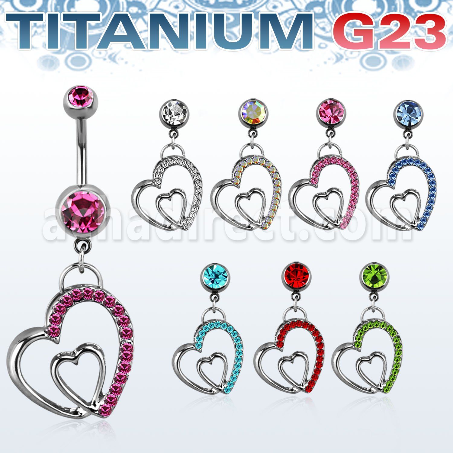 umcdhrc1 piercing ombligo titanio g23 bolas joya engasta bisel 5mm 8mm corazon dentro marco corazon cristal colgado 10mm distribuidor mayorista