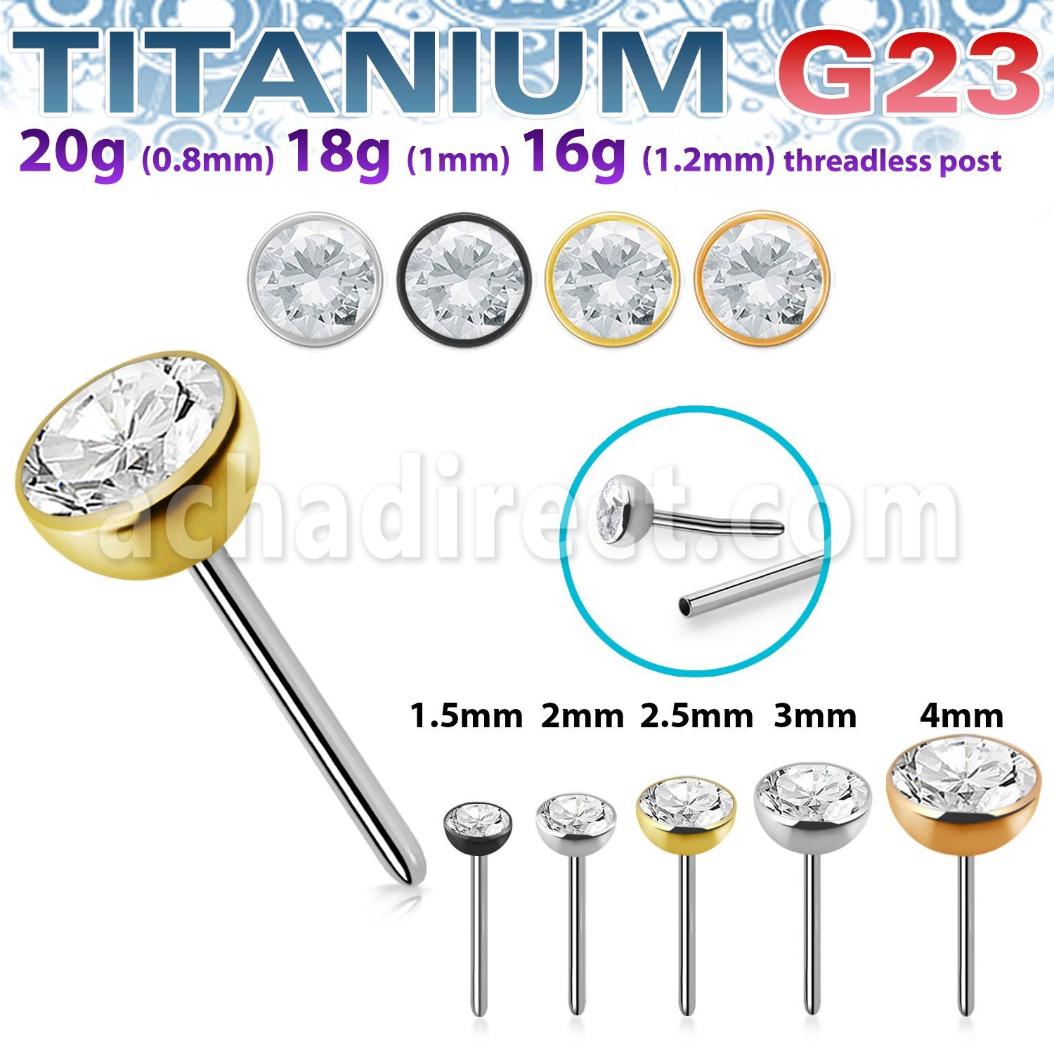 upinz titanium g23 threadless push pin top bezel set cz