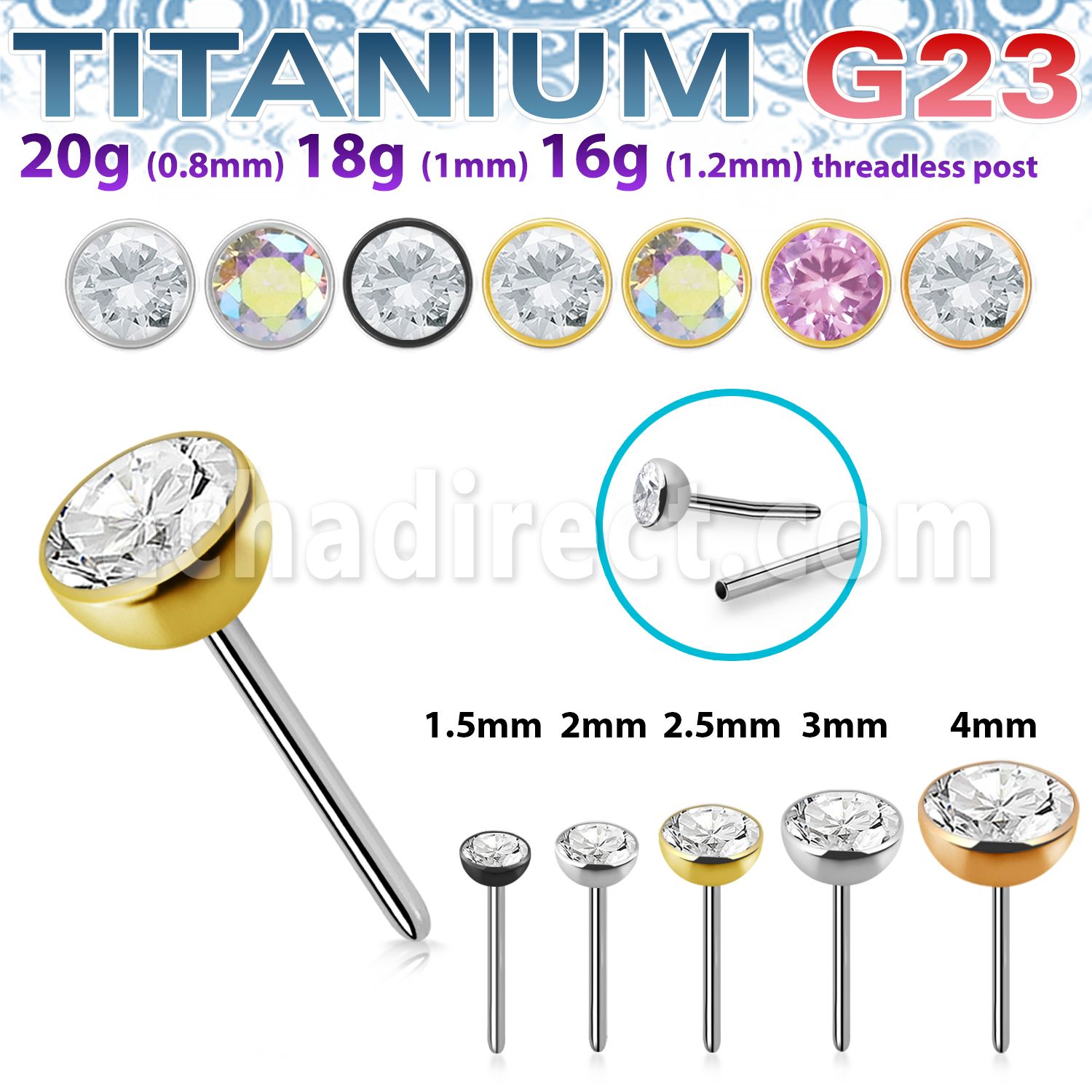 upinz titanium g23 threadless push pin top bezel set cz