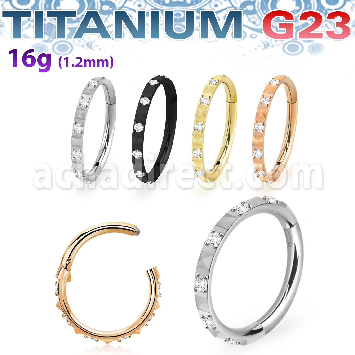 usgsh44 titanium g23 hinged segment ring 16g cz pyramid