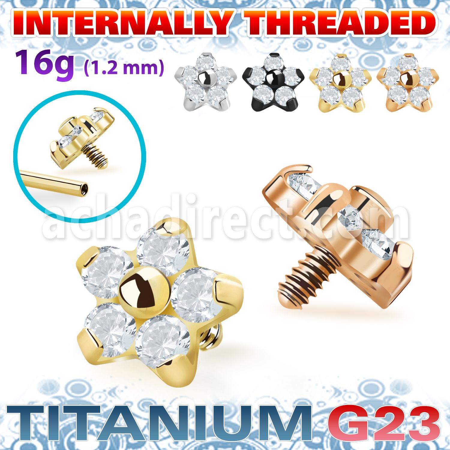 ushz15in high polished titanium g23 flower top cz prong set