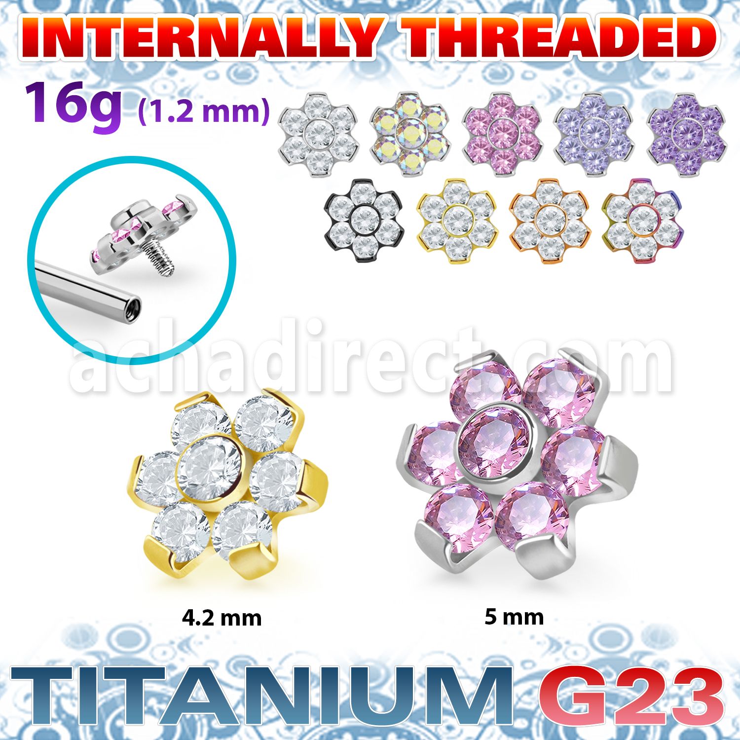 ushz5in titanium g23 top part post seven round color cz