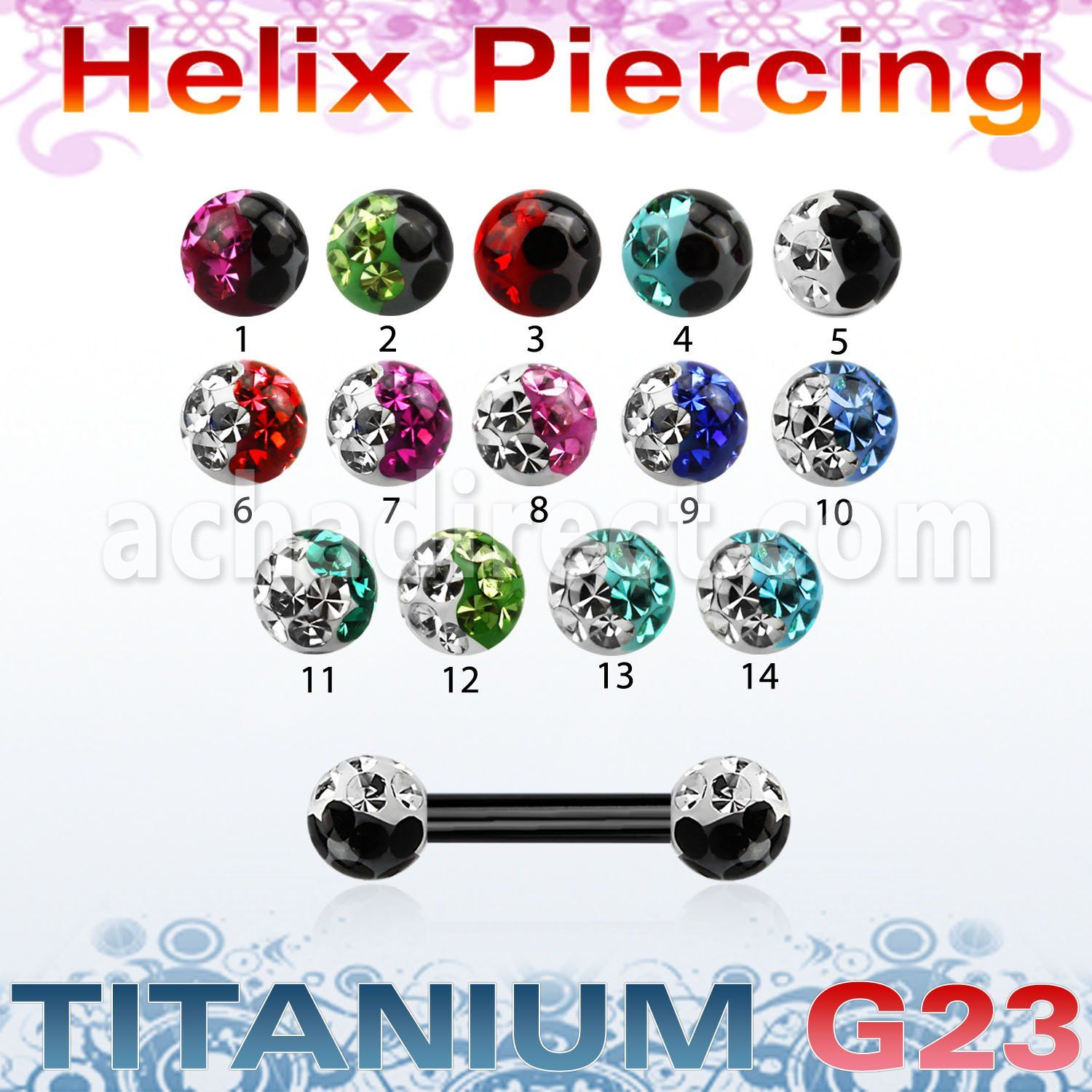 utbbe23e barbell ceja helix titanio g23 anodizado bolas multi cristal colores distribuidor mayorista