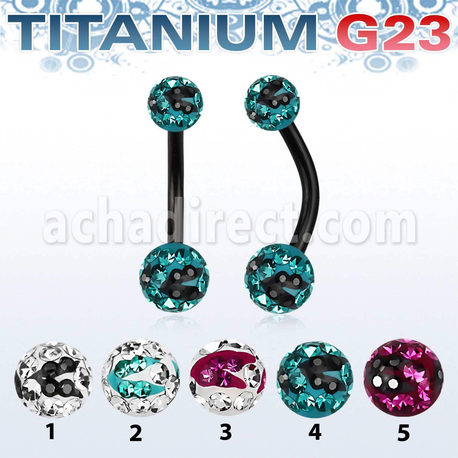 utbnfrsc piercing ombligo titanio g23 anodizado bolas 5mm 6mm multi cristal ferido rayas cebra mayorista