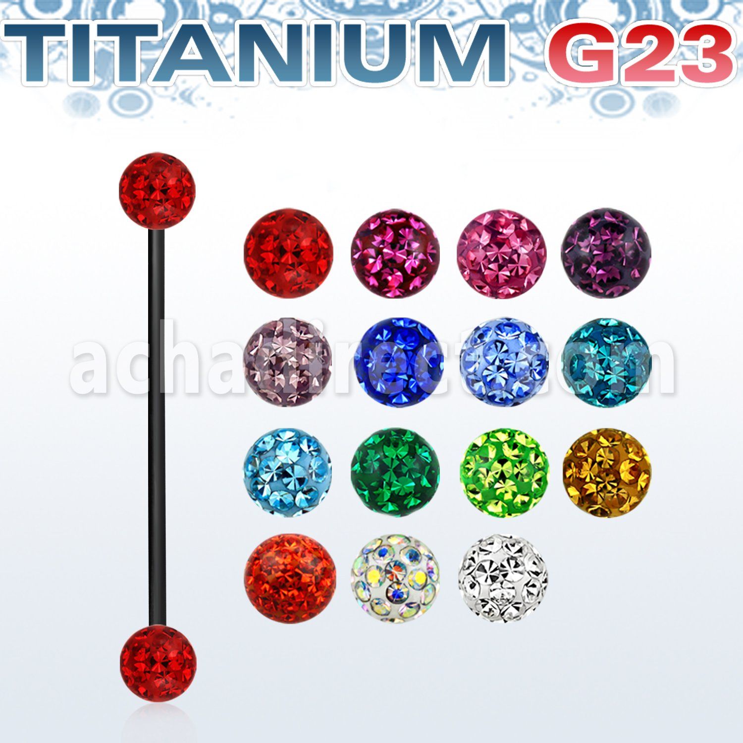 utinfr5 barbell industrial titanio g23 anodizado bolas multi cristal ferido 5mm distribuidor