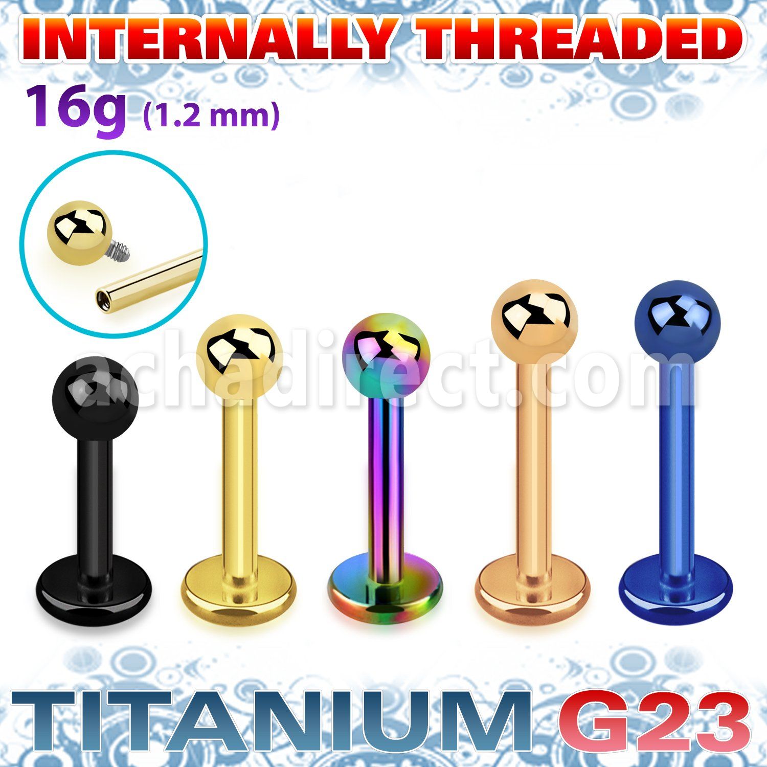 utlbb3in pvd plated titanium g23 labret 16g ball internal