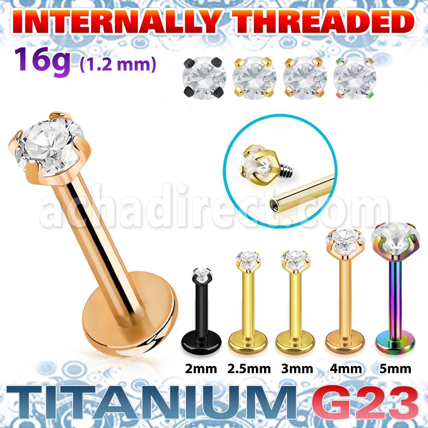 utlbin12 pvd plated titanium g23 labret 16g cz internal