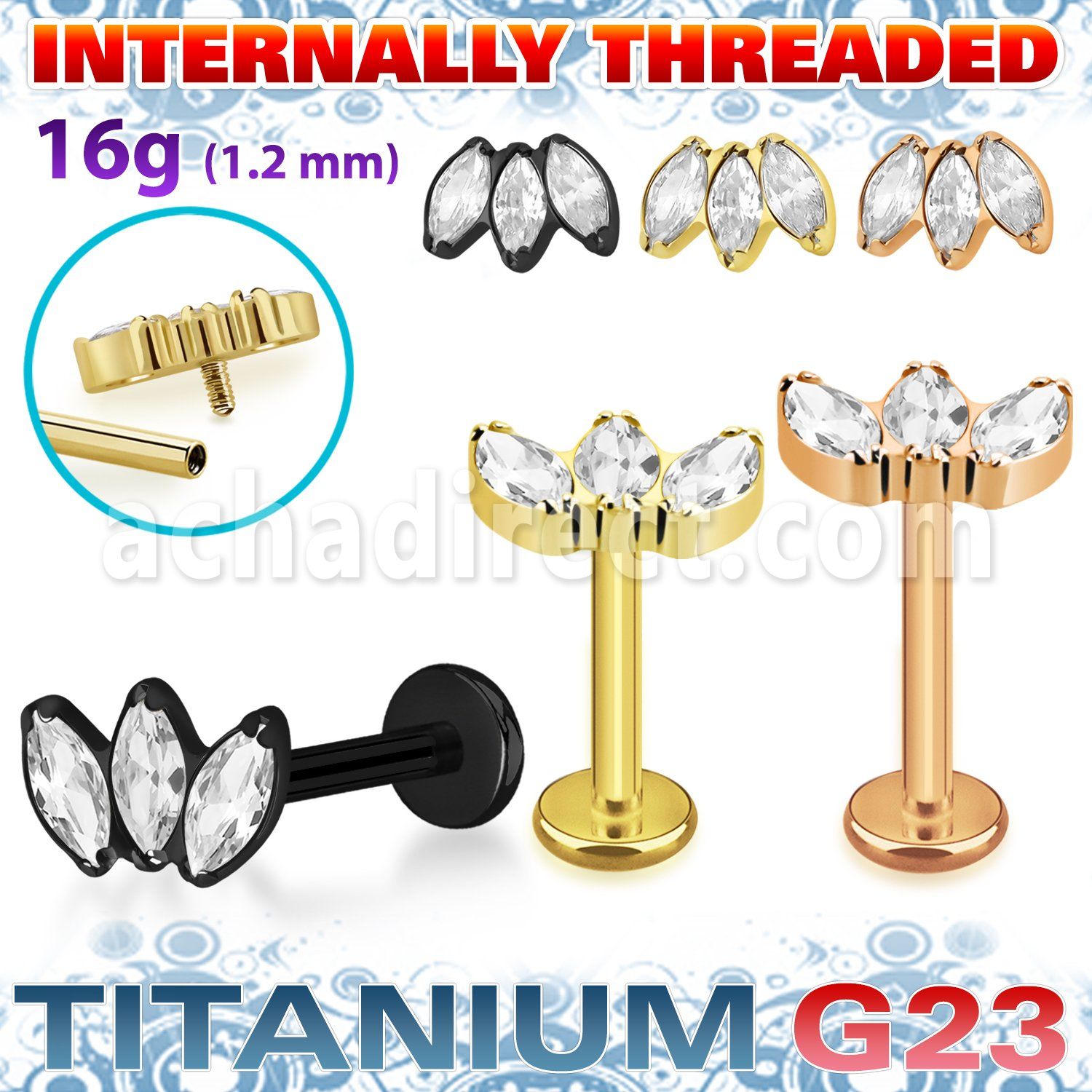 utlbin23 pvd plated titanium g23 labret marquise cz internal