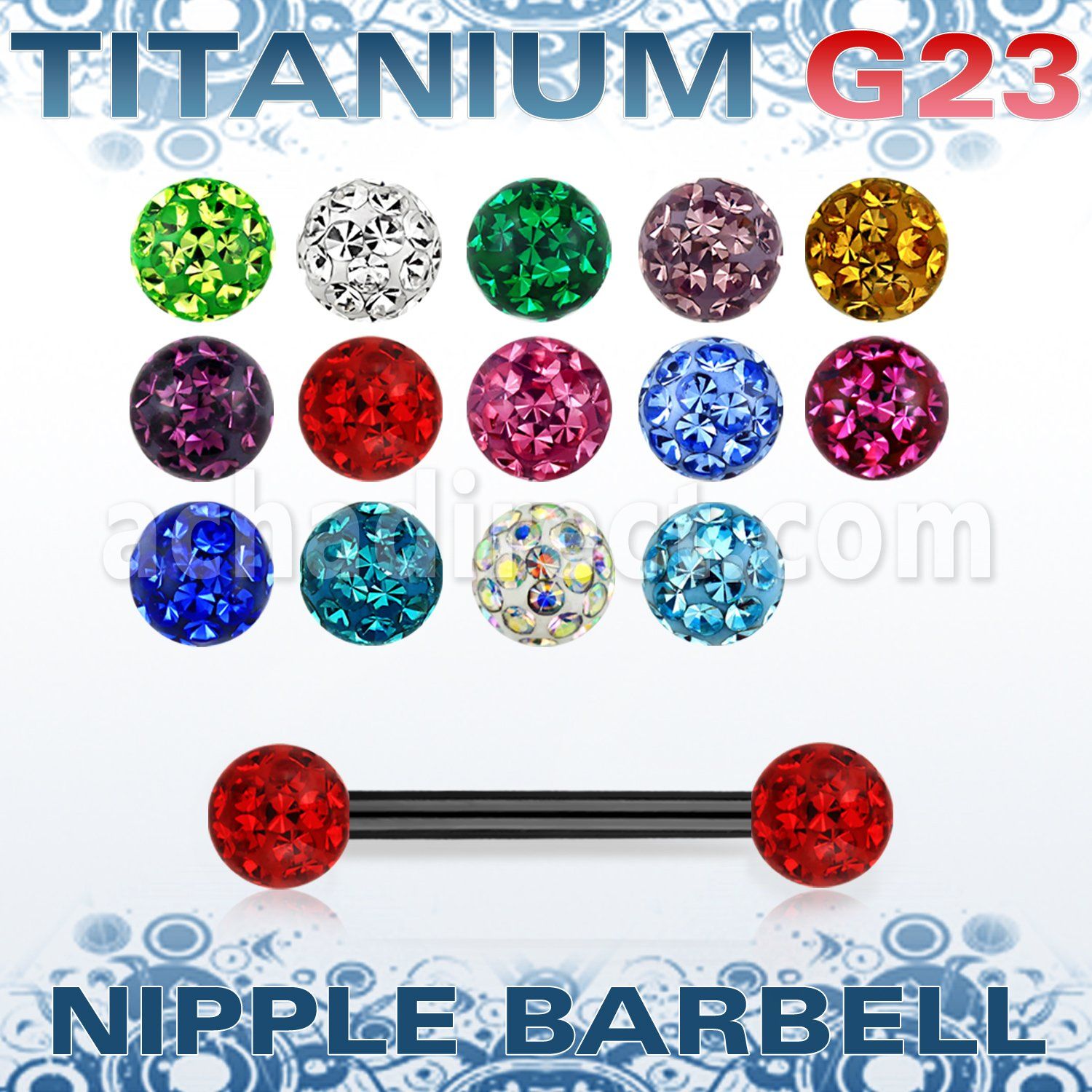 utnpfr5 barbell pezon titanio g23 anodizado bolas multi cristal ferido 5mm lados distribuidor mayorista