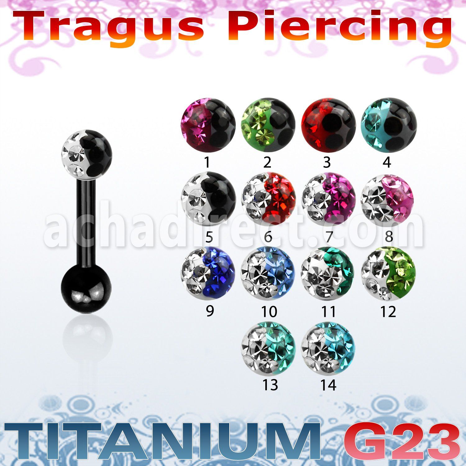 utrgt7e piercing tragus titanio g23 anodizado bola multi cristal 3mm colores bola titanio liso 3mm mayorista