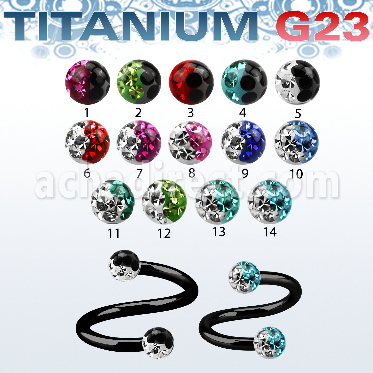 utspfr3e espiral titanio g23 anodizado ceja labio bolas multi cristal ferido 3mm colores al por mayor