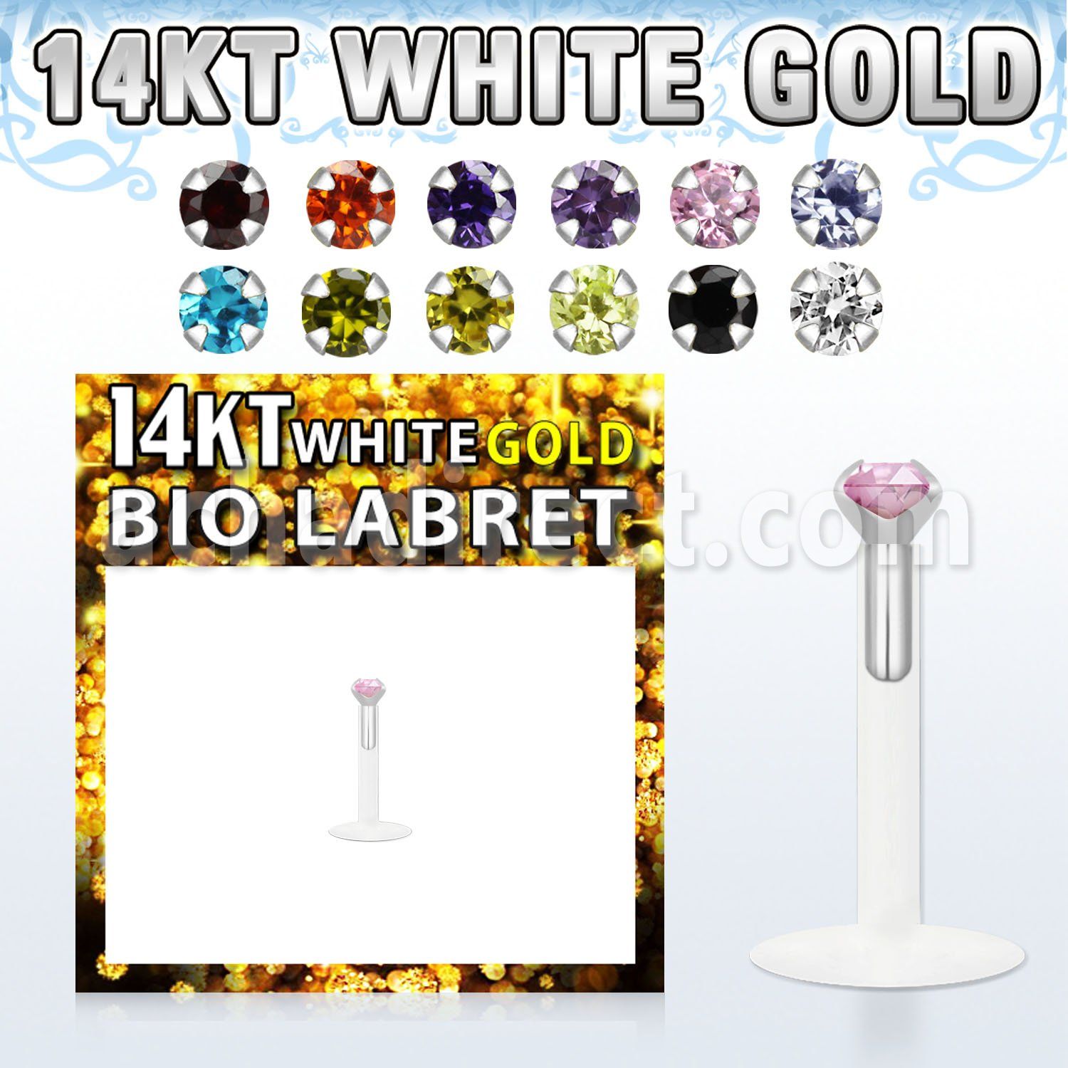 wgbizm labret bio flexible transparente oro blanco 14 quilares plateadas rodio presion zirconita redonda 2mm distribuidor mayorista