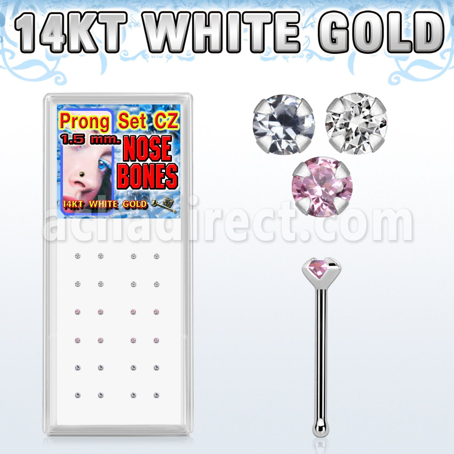 wgbzsm caja display 24 piercing nariz hueso oro blanco 14 kts 0 6mm zirconia redondas 1 5mm distribuidor