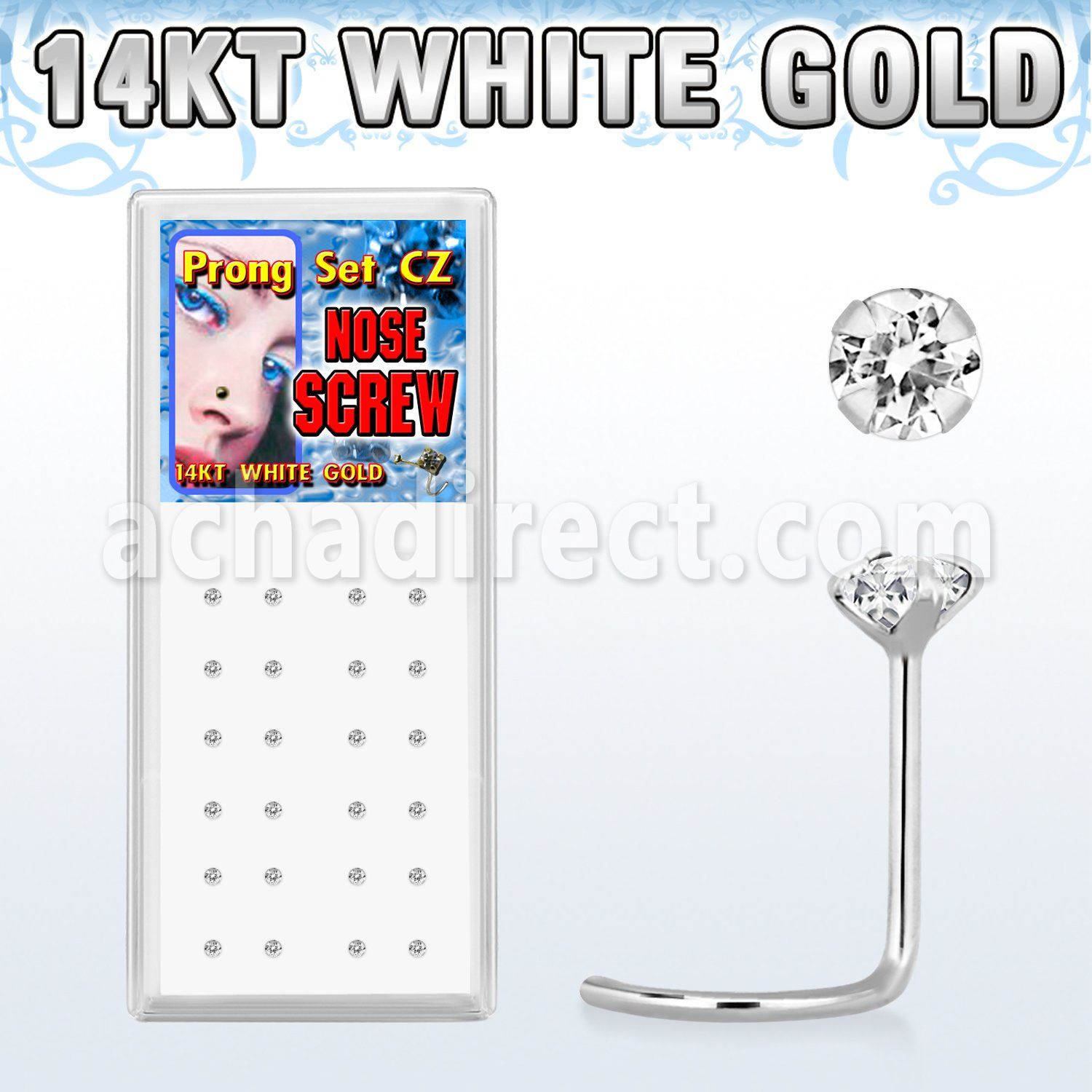wgszc caja display 24 piercing nariz l oro blanco 14 kts 0 6mm zirconia redonda 2mm distribuidor mayorista