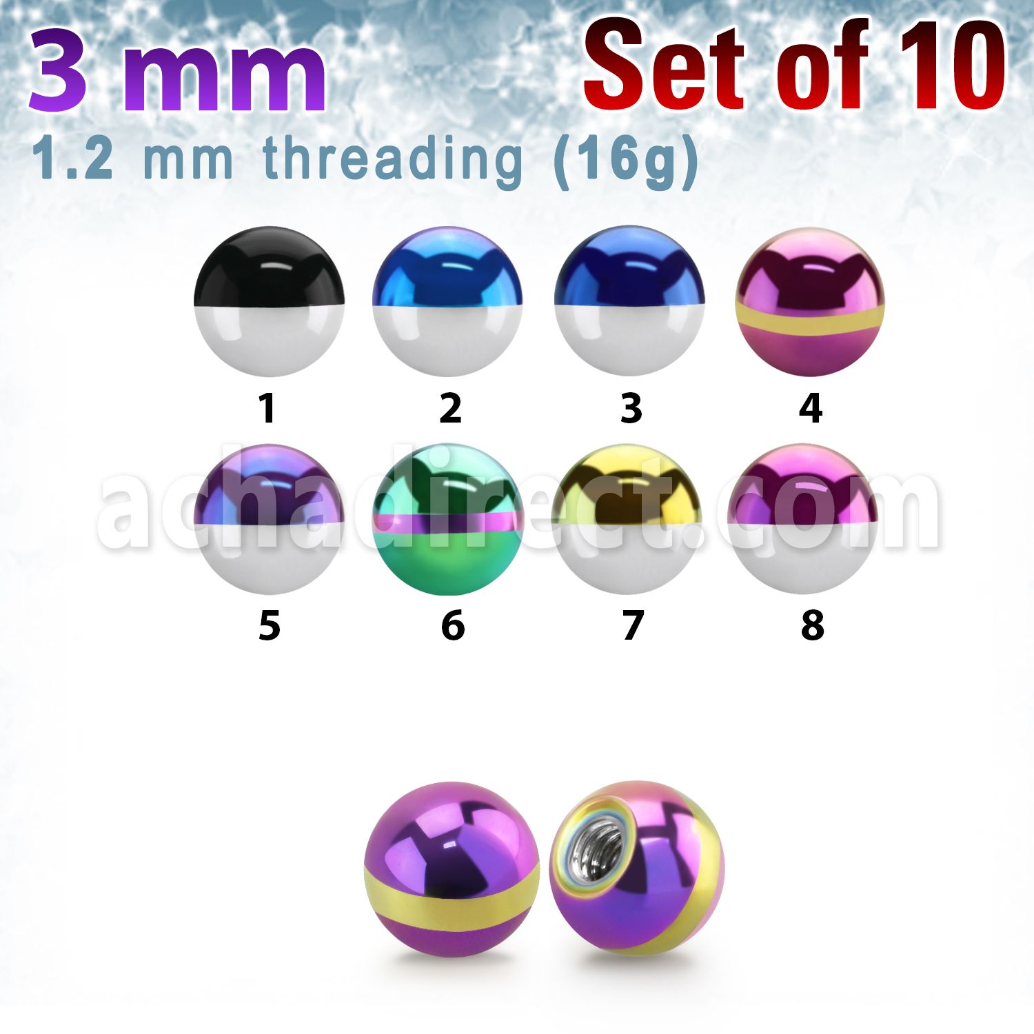 xbmt3 pack 10 bolas acero quirurgico pvd rayas cebra 3mm rosca mayorista