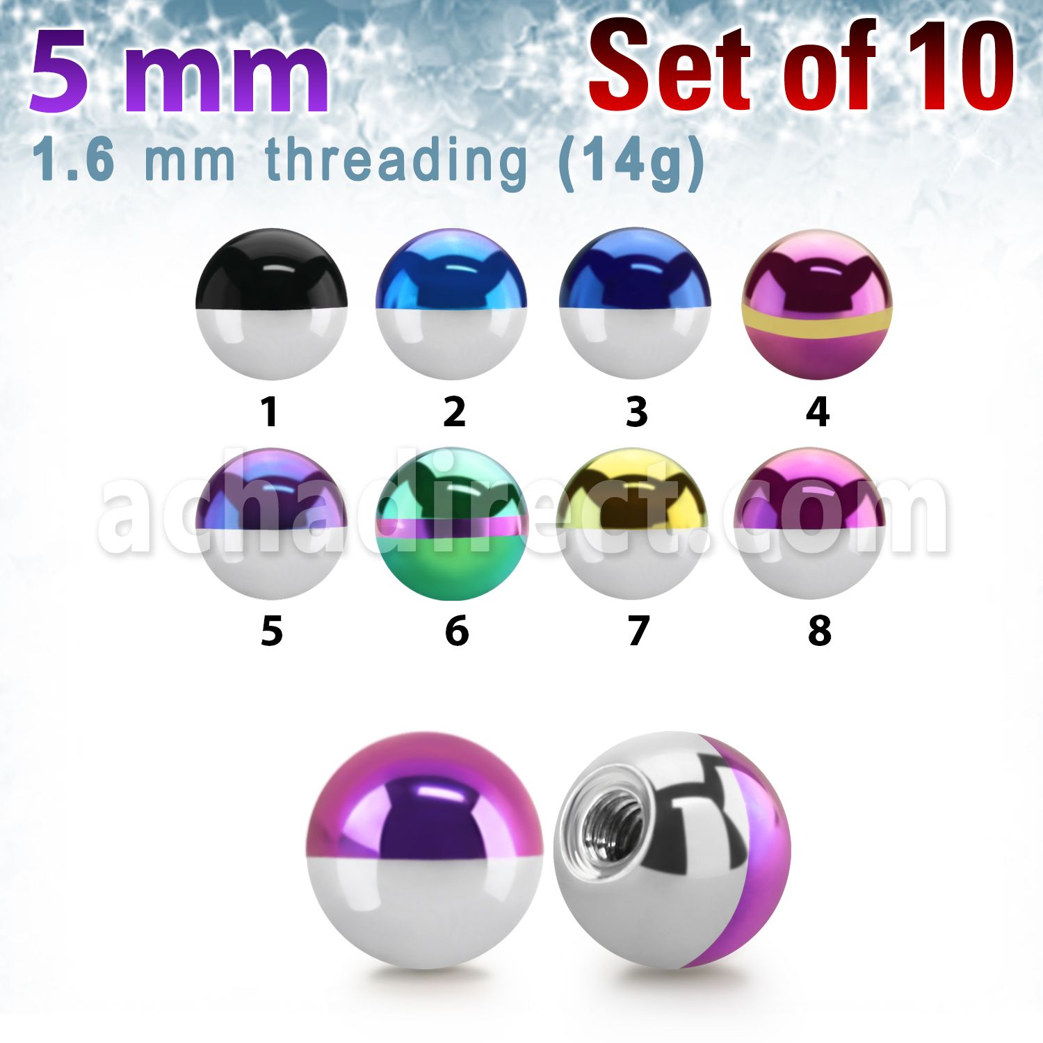 xbmt5 pack 10 bolas acero quirurgico pvd rayas cebra 5mm rosca distribuidor mayorista