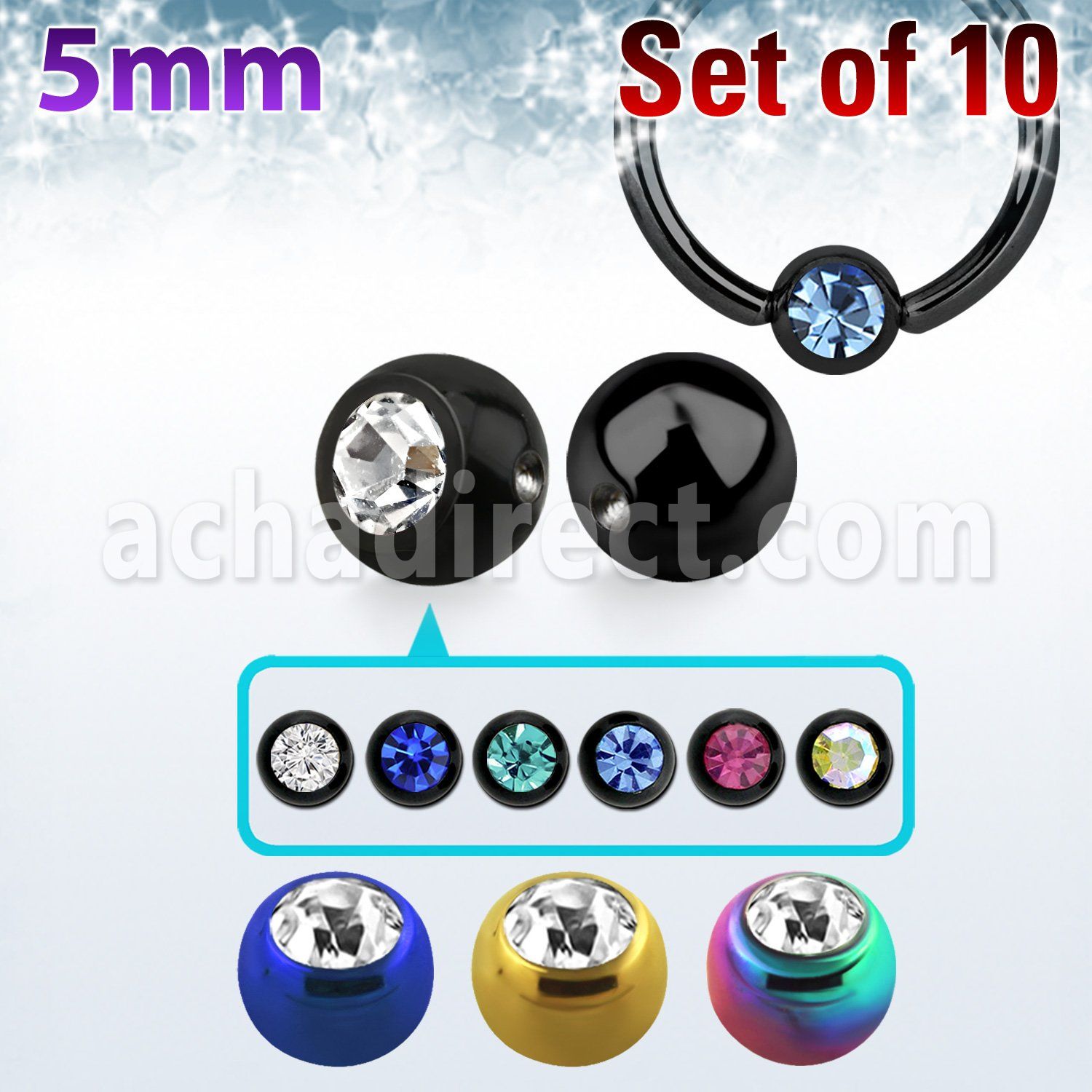 xdpbtc5 pack 10 bolas anillo cierre acero 316l pvd 5mm cristal bisel encaja anillos distribuidor