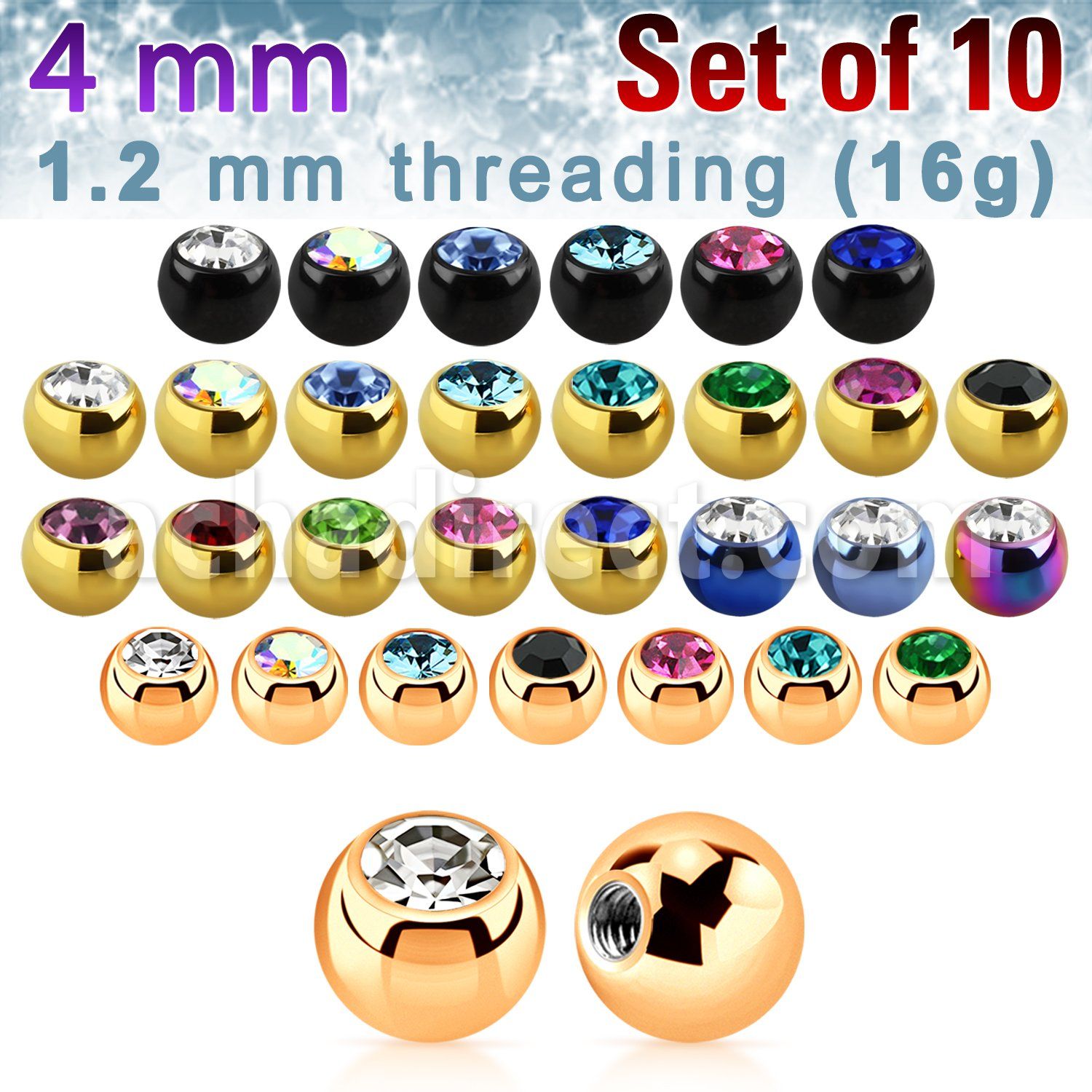 xjbt4s pack 10 bolas acero quirurgico anodizado 4mm cristal bisel rosca al por mayor