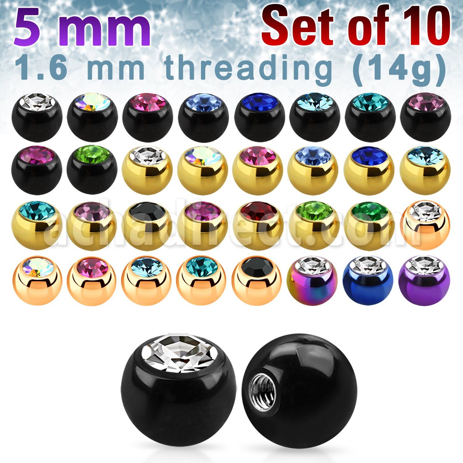 xjbt5g pack 10 bolas acero quirurgico anodizado 5mm cristal bisel rosca al por mayor