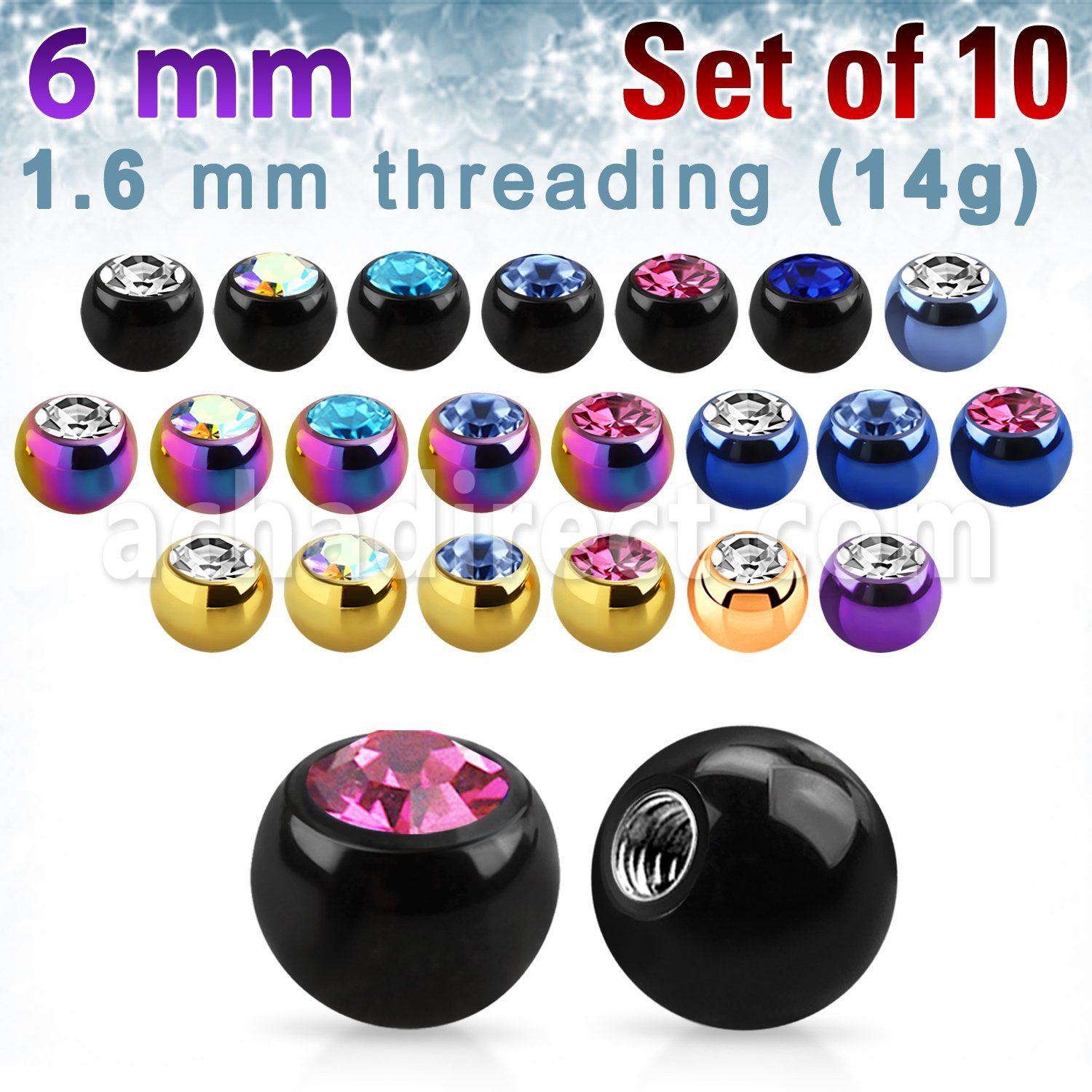 xjbt6g pack 10 bolas acero quirurgico anodizado 6mm cristal bisel rosca mayorista