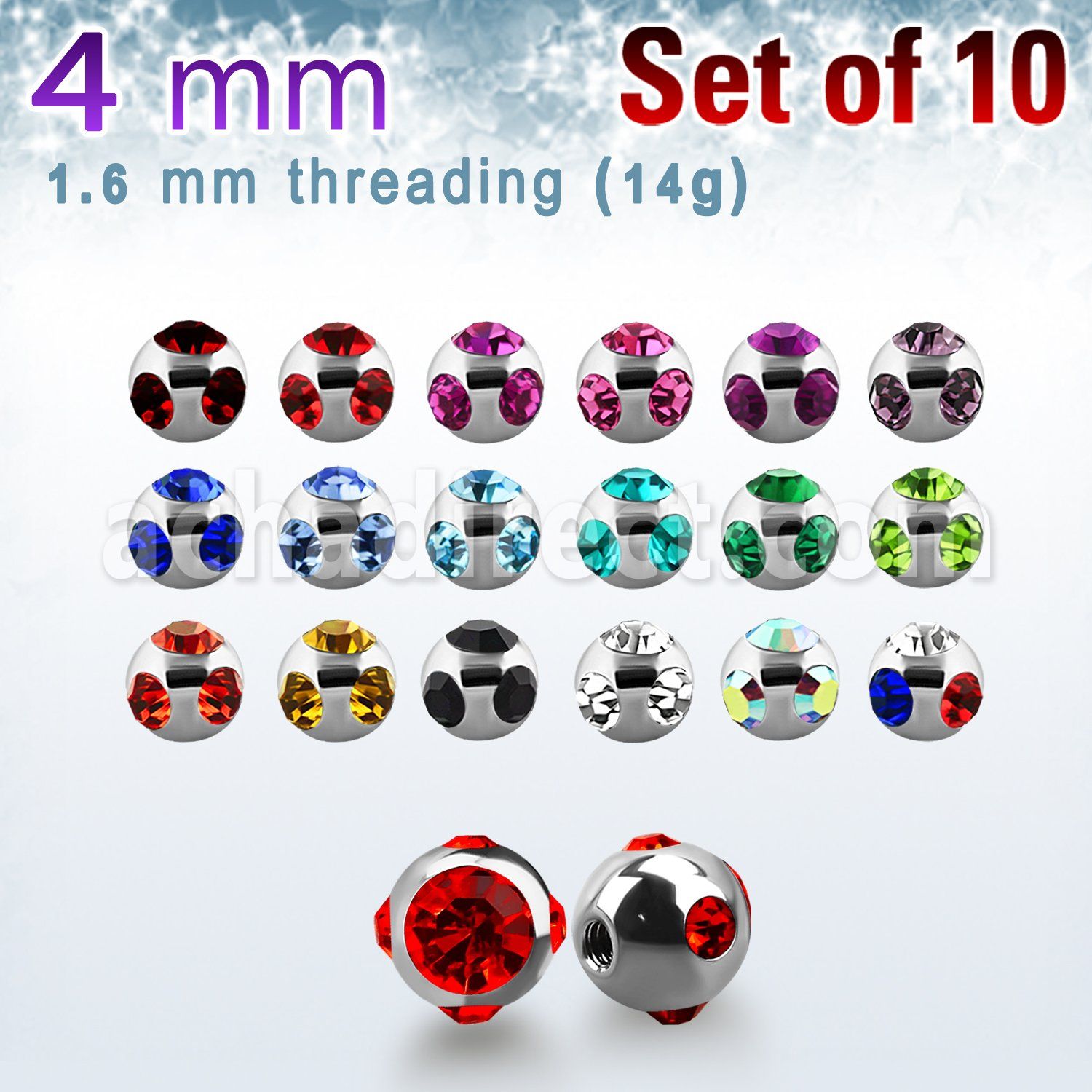 xmjb4 pack 10 bolas multi joya acero 316l brillo espejo 4mm 1 cristal 4 cristal lados rosca al por mayor