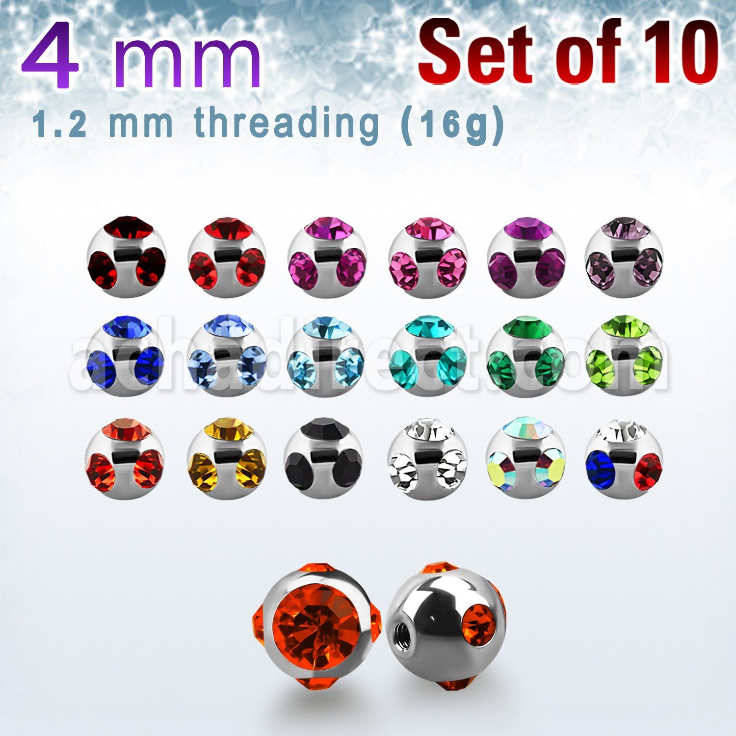 xmjb4s pack 10 bolas multi joya acero 316l brillo espejo 4mm 1 cristal 4 cristal lados rosca distribuidor