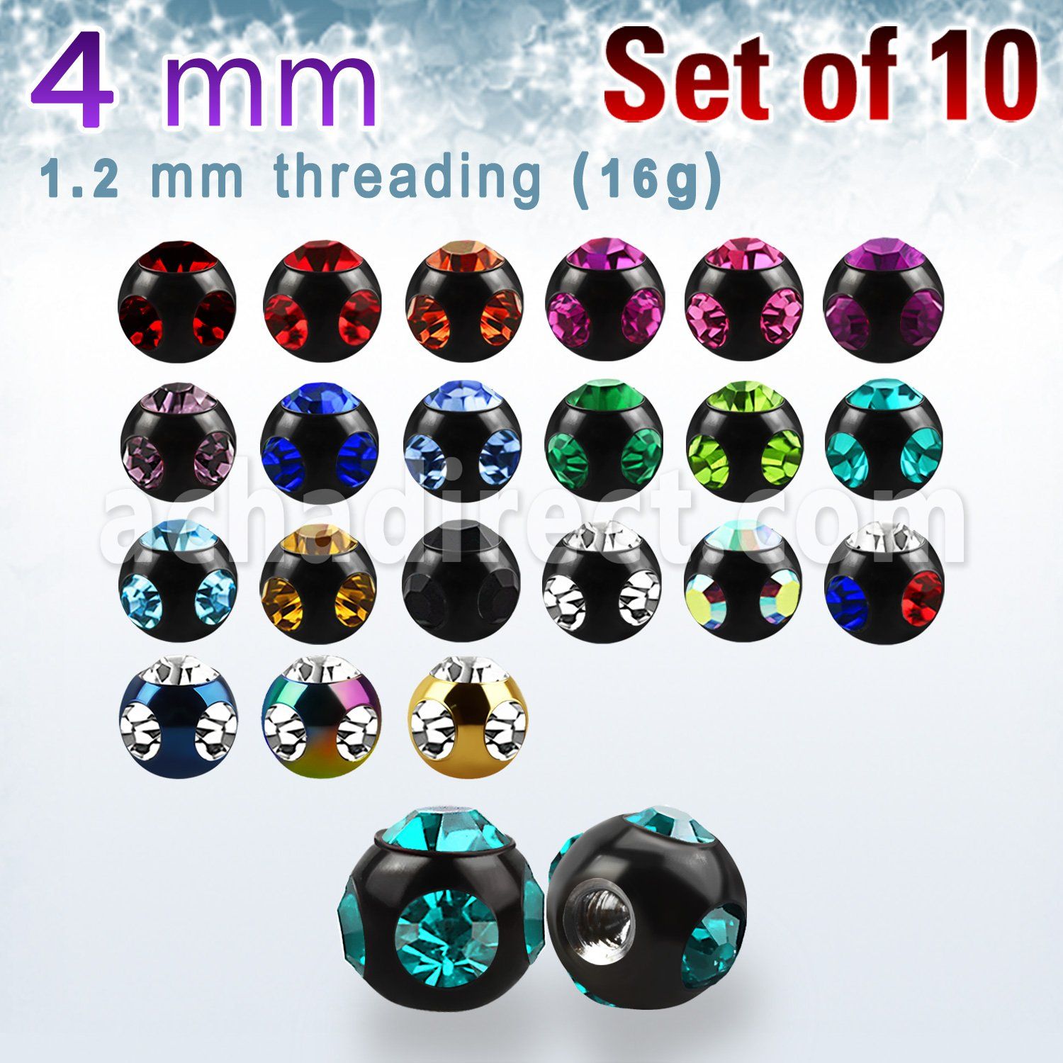 xmjbt4s pack 10 bolas multi joya acero 316l anodizado 4mm 1 cristal 4 cristal lados rosca mayorista
