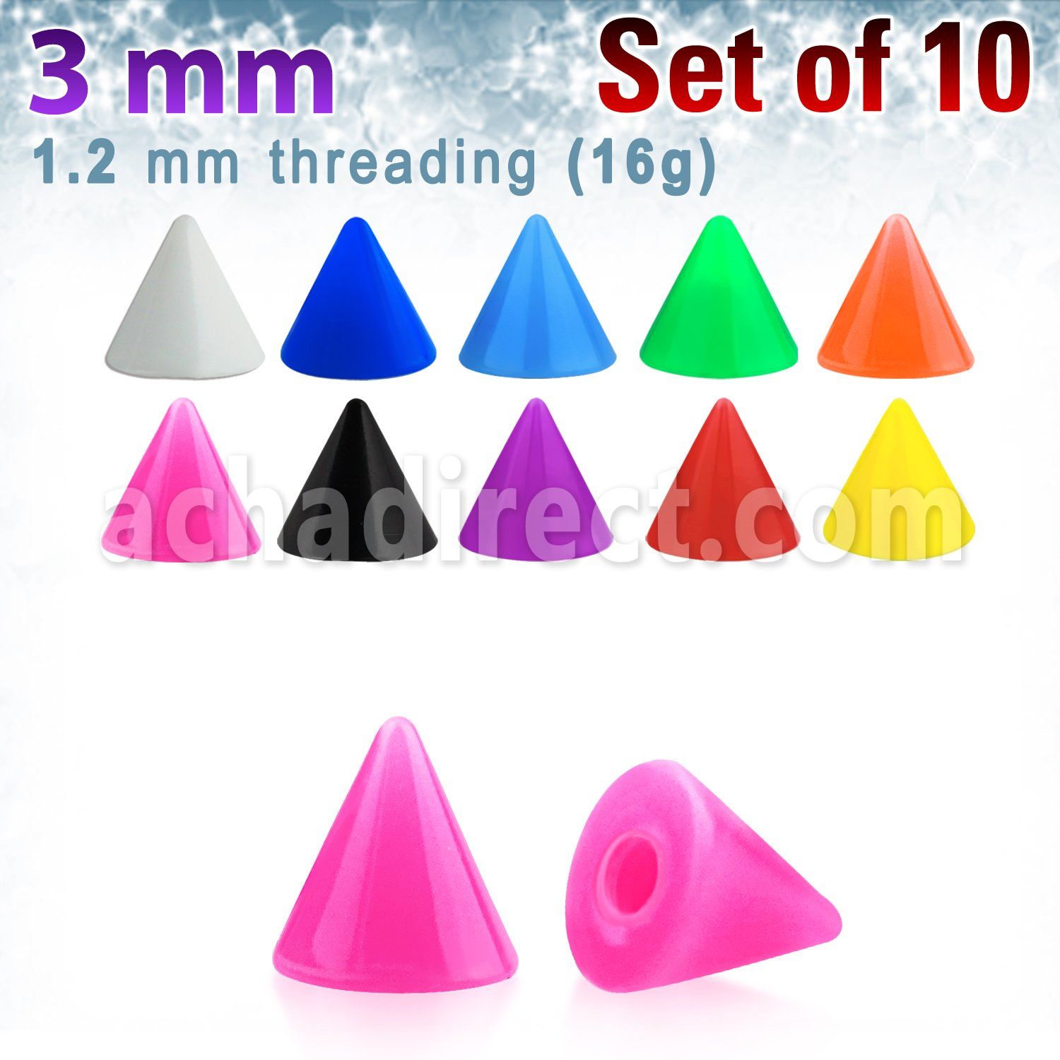 xsacn3 set 10 conos acrilicos colores solidos 3mm rosca al por mayor