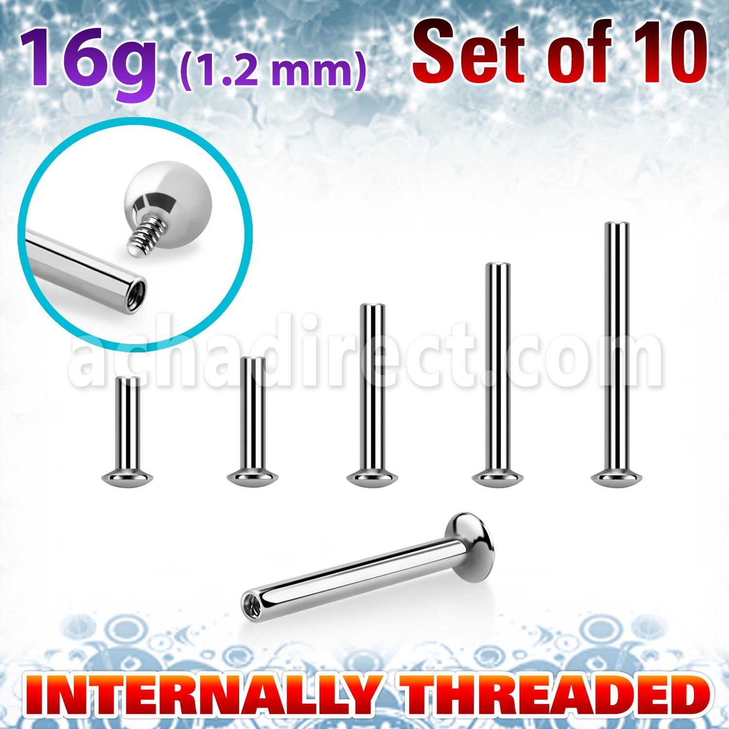 xtrufo16 set 10 labret tragus acero quirurgico ovni rosca interna 1.2mm 16g al por mayor